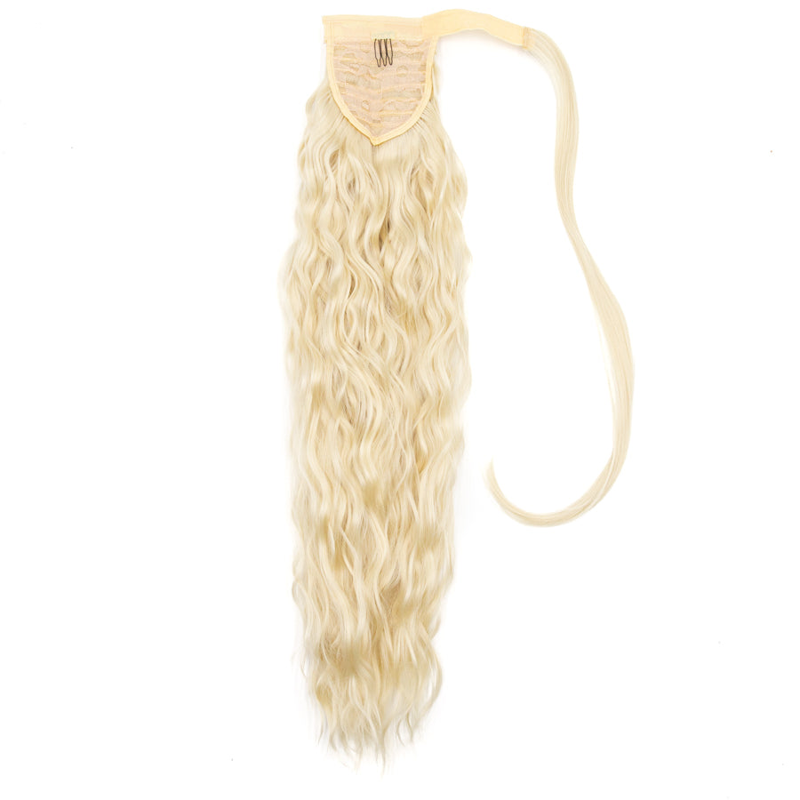 JBEXTENSION Long Corn Wave Ponytail Extension Magic Paste Heat Resistant Wavy Synthetic Wrap Around Ponytail Black Hairpiece for Women (22 Inch)