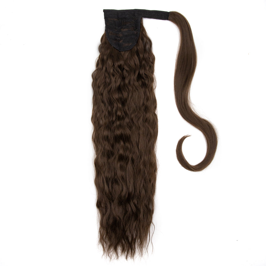 JBEXTENSION Long Corn Wave Ponytail Extension Magic Paste Heat Resistant Wavy Synthetic Wrap Around Ponytail Black Hairpiece for Women (22 Inch)