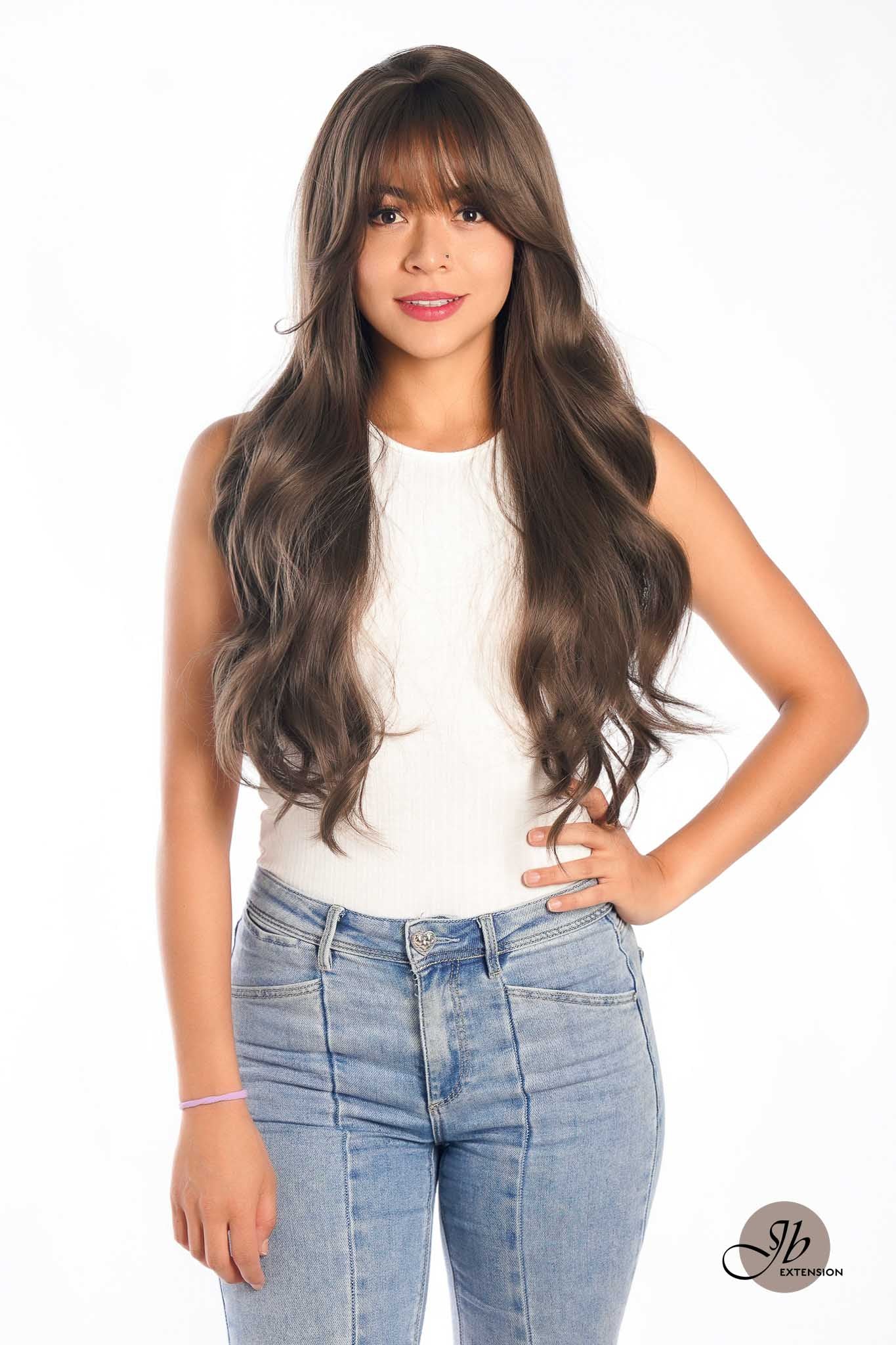 JBEXTENSION 26 Inches Scalpiana Brown Curly 3.5X4 Hard Silky Top Natural Scalp Effect Wig With Bangs BONITA