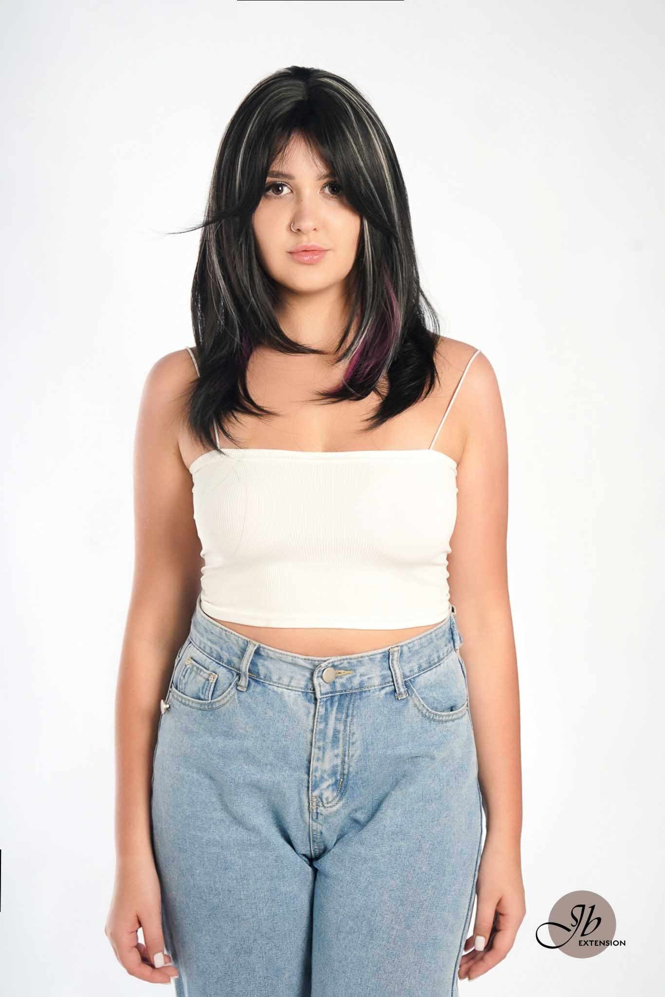 JBEXTENSION 20 Inches Wolf Cut Black With Pink Silver Highlight Wig JOEY