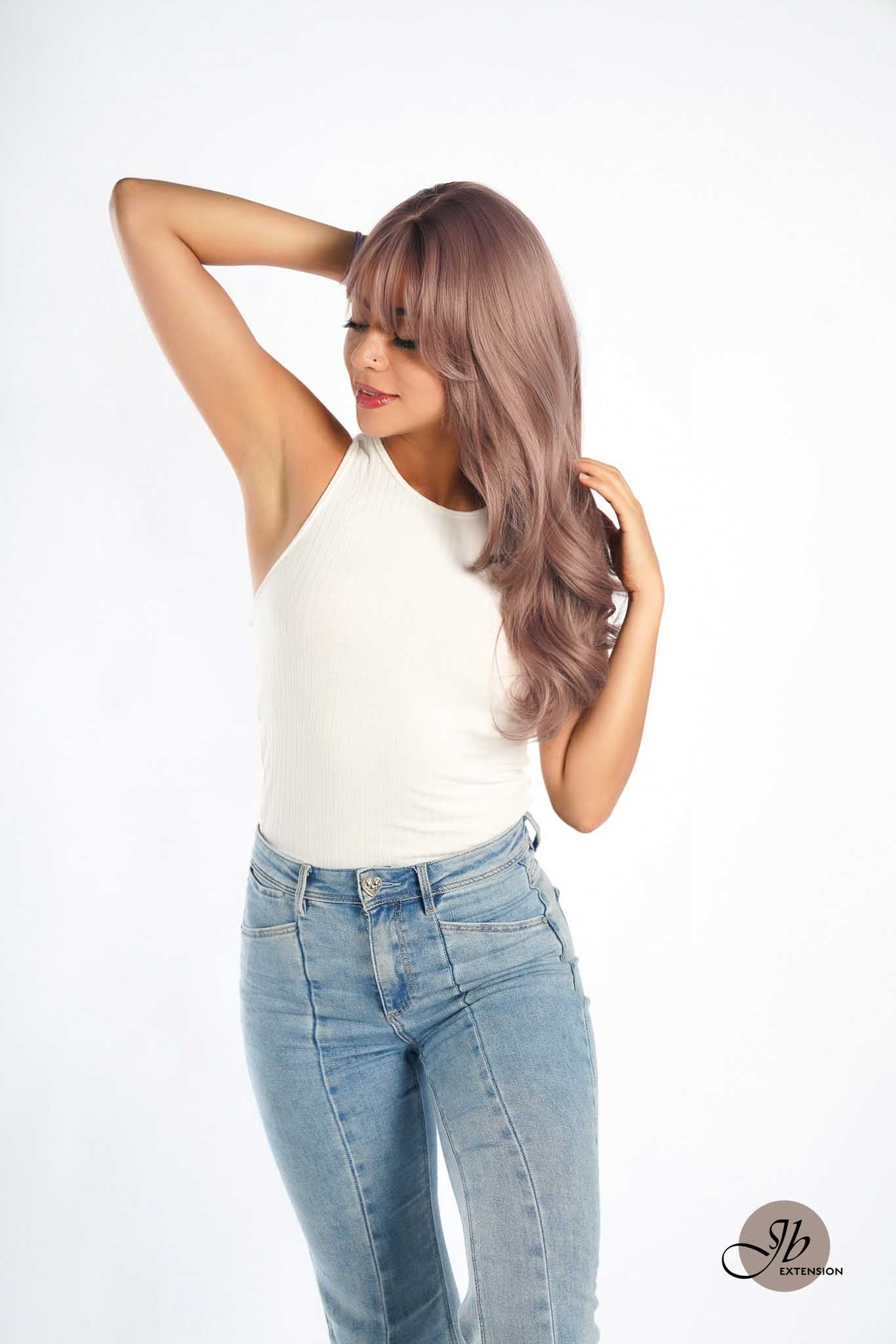 JBEXTENSION 22 Inches Smoke Pink Curly Wig With Bangs CAROL