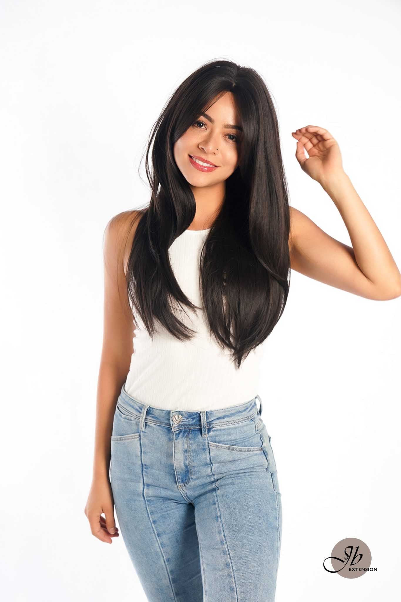 JBEXTENSION 26 Inches Tea Black Darkest Brown Wolf Cut Wig With Bangs ELLIE