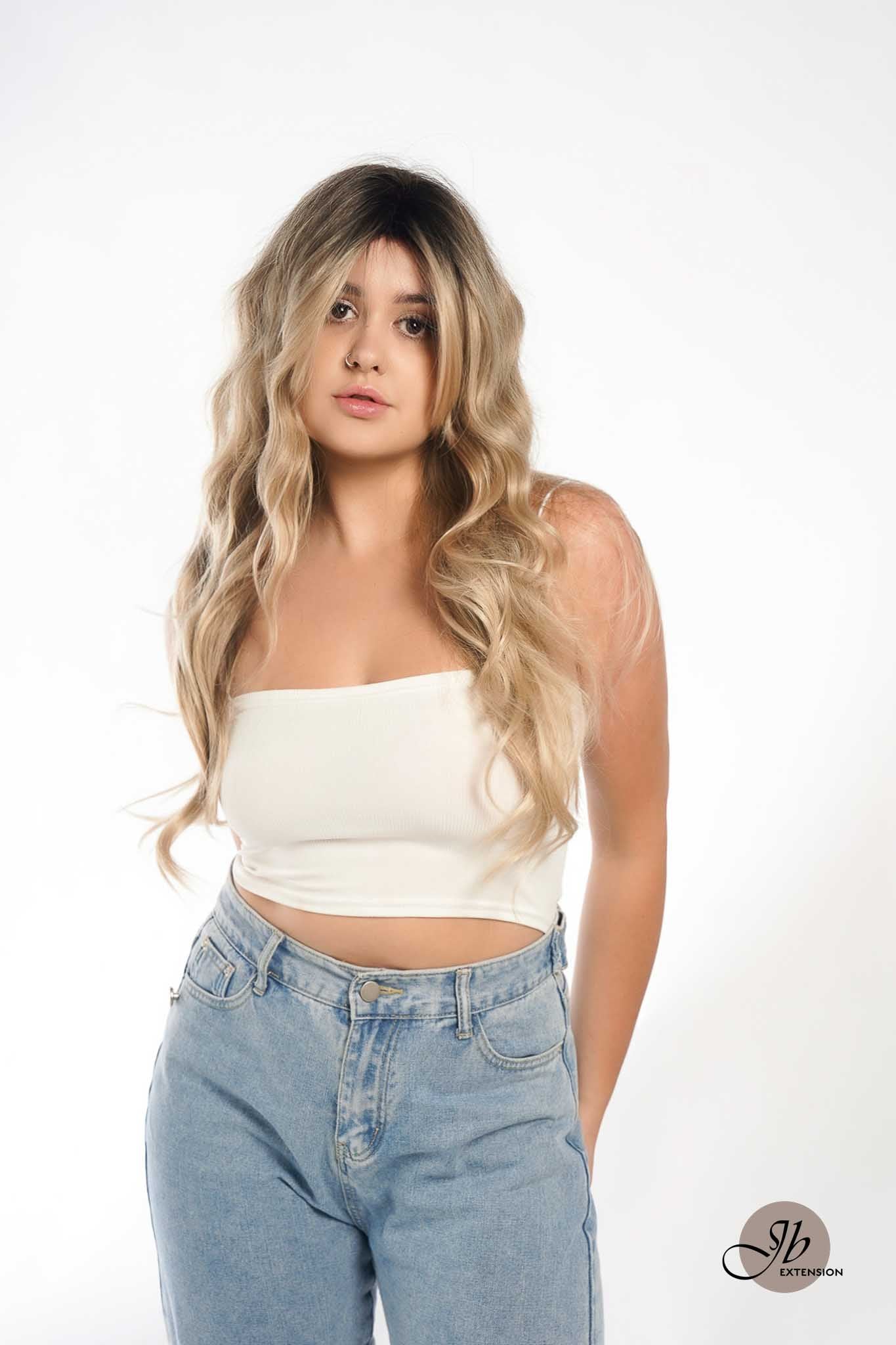 Get the Influencer Look with JBEXTENSION 26 Inches Mix Blonde With Dark Root Body Wave With Bangs MANDA