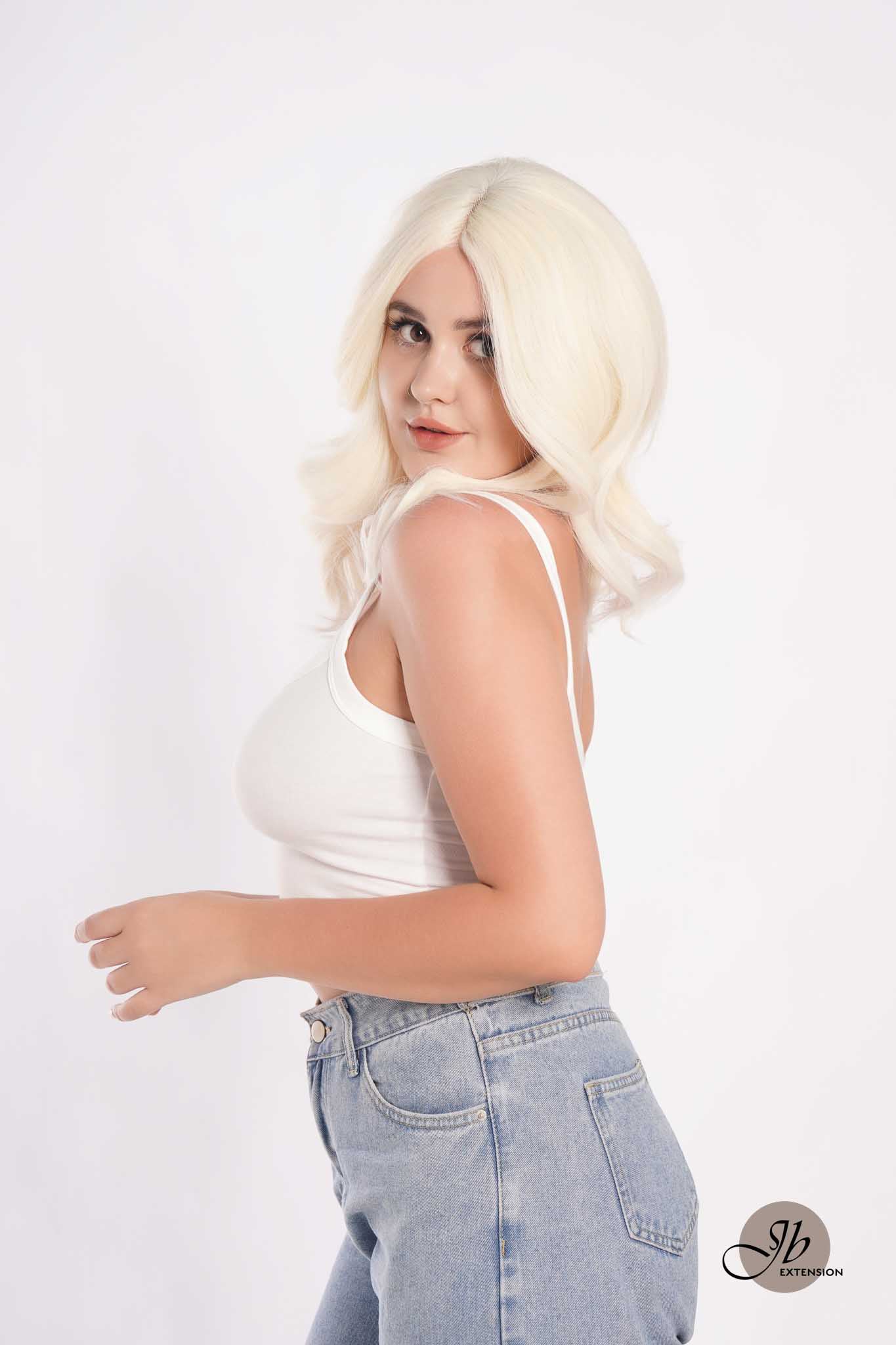 JBEXTENSION 16 Inches Platinum Blonde Wave Free Part Pre-Cut Frontlace Glueless Wig BIANCA