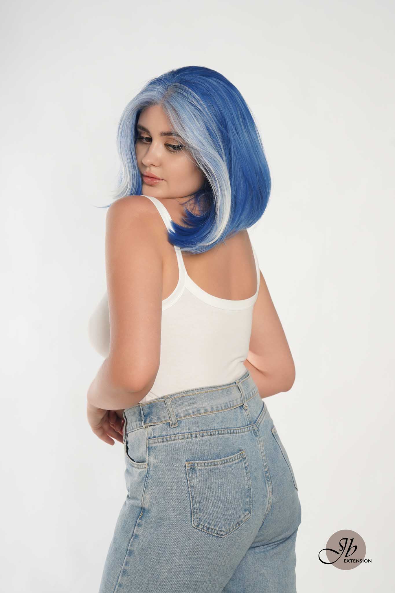 JBEXTENSION 12 Inches Bob Cut Blue With White Highlight Free Part Pre-Cut Frontlace Glueless Wig DOLPHIN