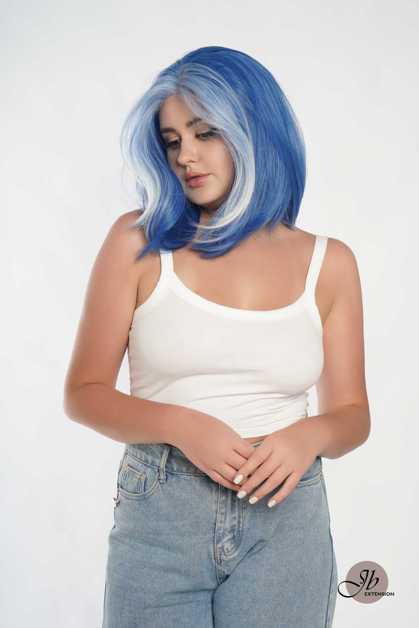 JBEXTENSION 12 Inches Bob Cut Blue With White Highlight Free Part Pre-Cut Frontlace Glueless Wig DOLPHIN
