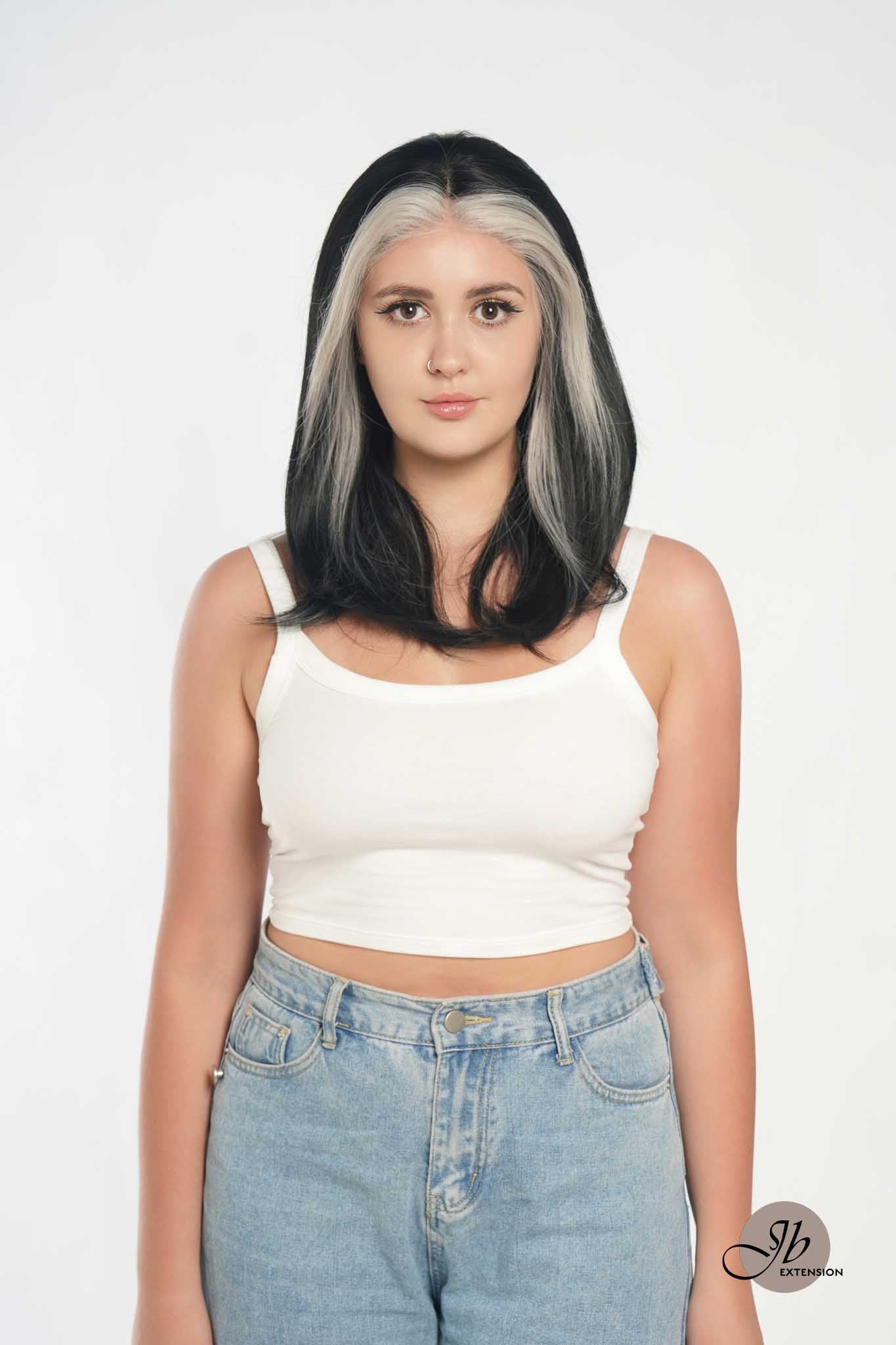 JBEXTENSION 18 Inches Black With White Highlight Pre-Cut Free Part Frontlae Glueless Wig AMARI