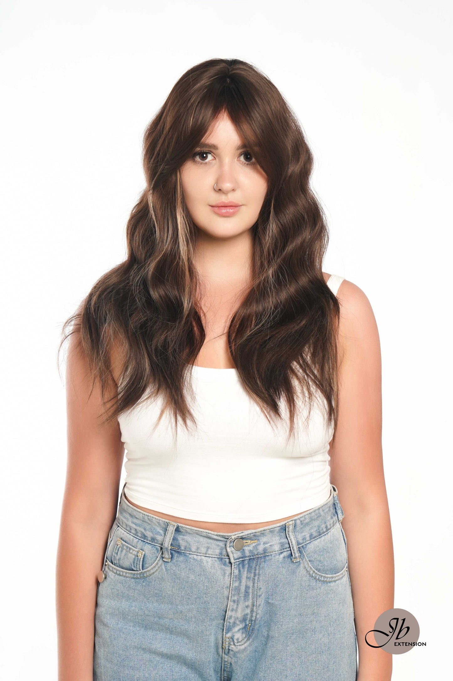 JBEXTENSION 24 Inches Brown With Highlight Body Wave With Bangs Wig KIMMY BROWN