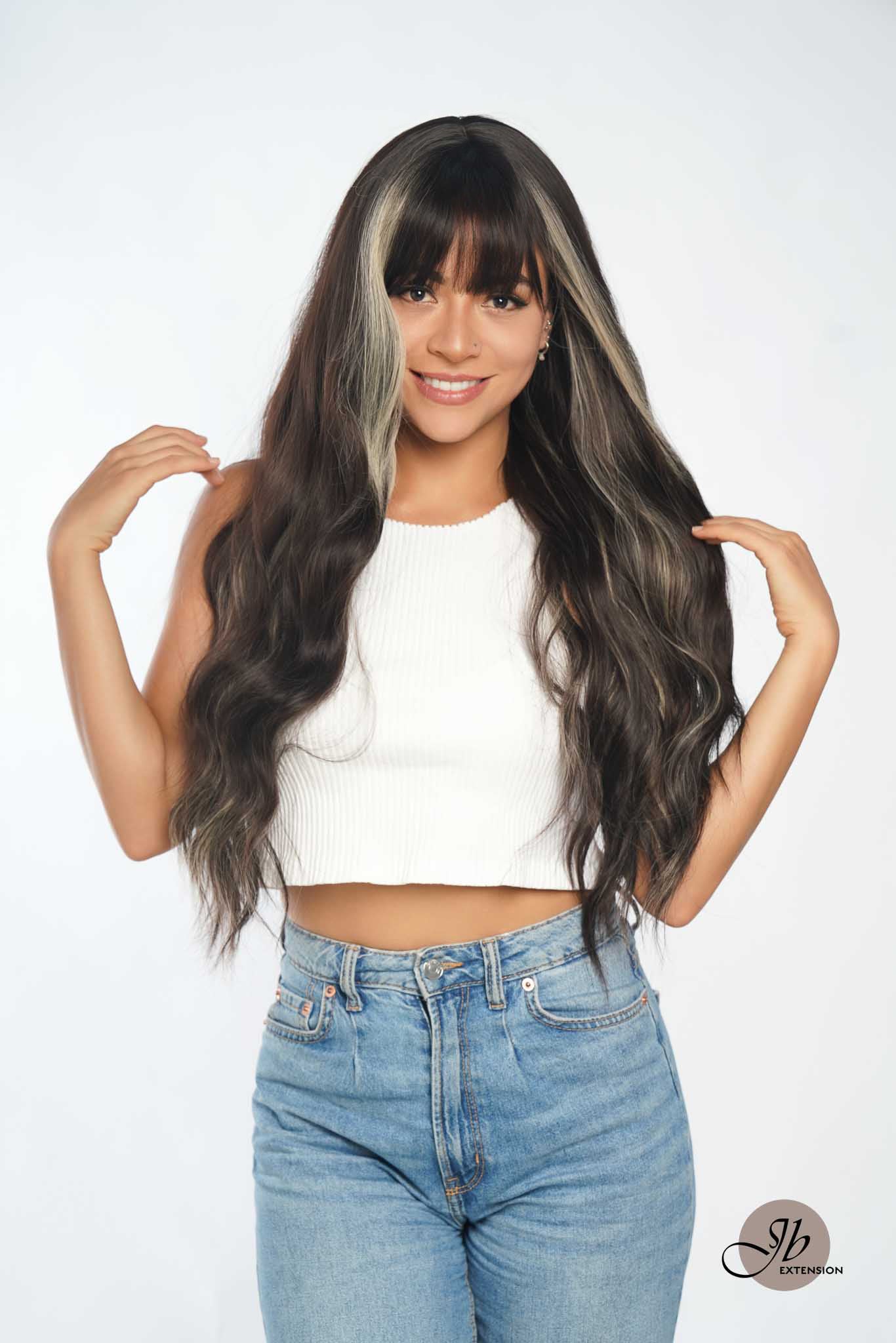 JBEXTENSION 26 Inches Body Wave Natural Black With Blonde Highlight Hair With Full Bangs Wig KHLOE
