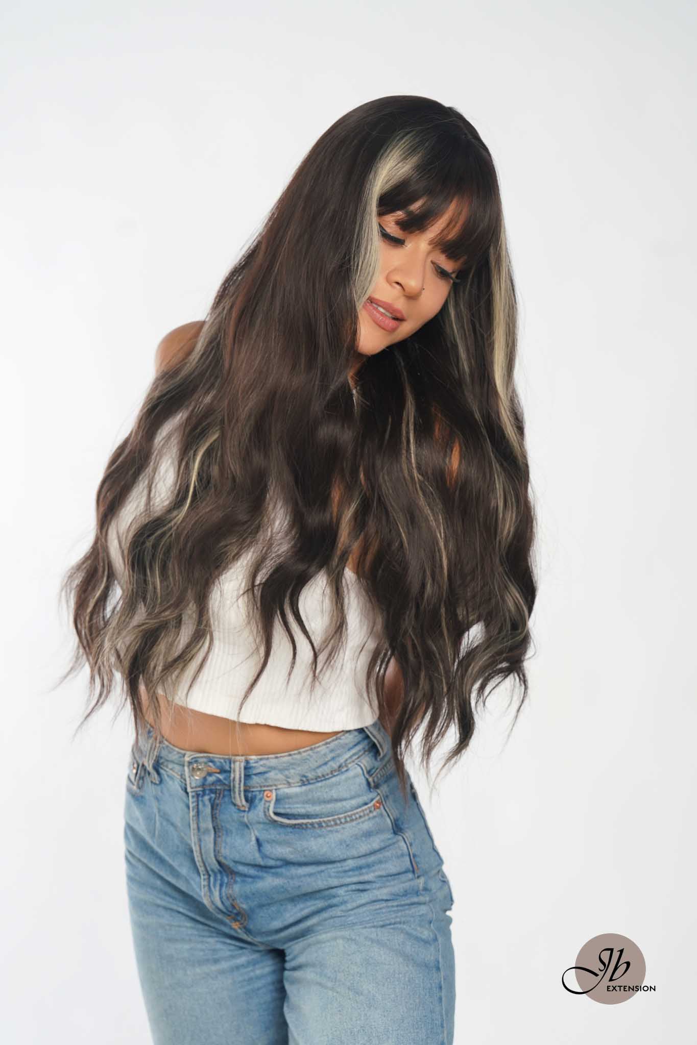 JBEXTENSION 26 Inches Body Wave Natural Black With Blonde Highlight Hair With Full Bangs Wig KHLOE