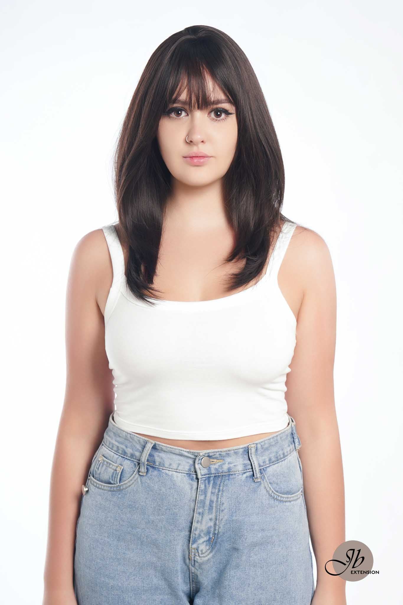 JBEXTENSION 20 Inches Scalpiana Tea Black Darkest Brown Wolf Cut 3.5X4 Hard Silky Top Natural Scalp Effect Wig With Bangs LILA TEA BLACK