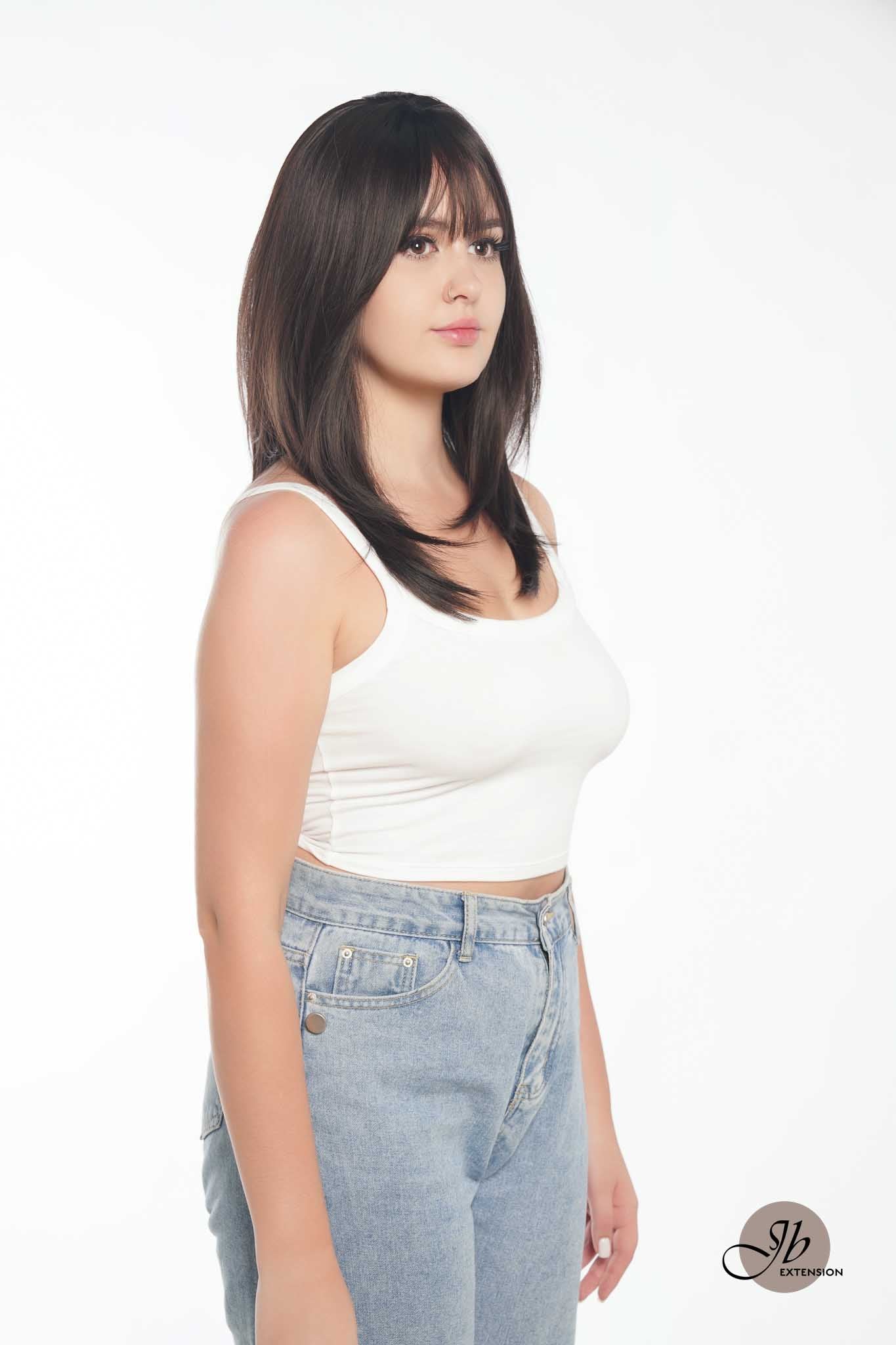 JBEXTENSION 20 Inches Scalpiana Tea Black Darkest Brown Wolf Cut 3.5X4 Hard Silky Top Natural Scalp Effect Wig With Bangs LILA TEA BLACK