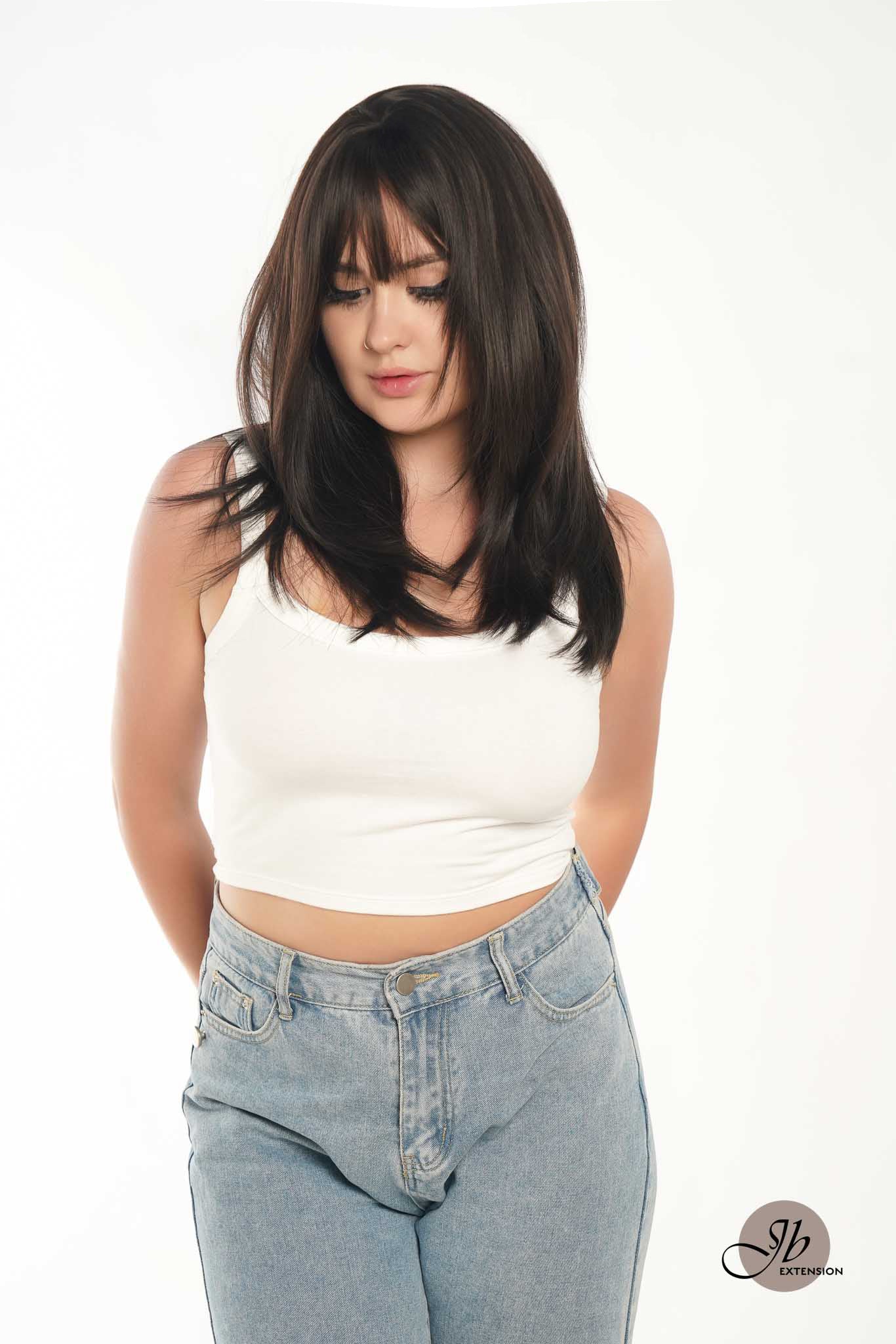 JBEXTENSION 20 Inches Scalpiana Tea Black Darkest Brown Wolf Cut 3.5X4 Hard Silky Top Natural Scalp Effect Wig With Bangs LILA TEA BLACK