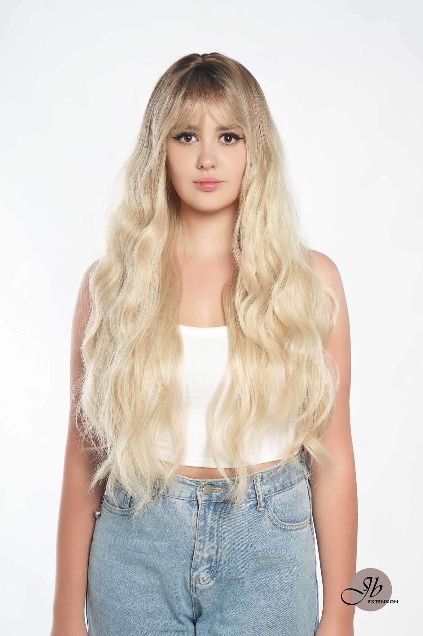 JBEXTENSION 28 Inches Long Body Wave Light Blonde Wig With Bangs ROSANNA LIGHT BLONDE