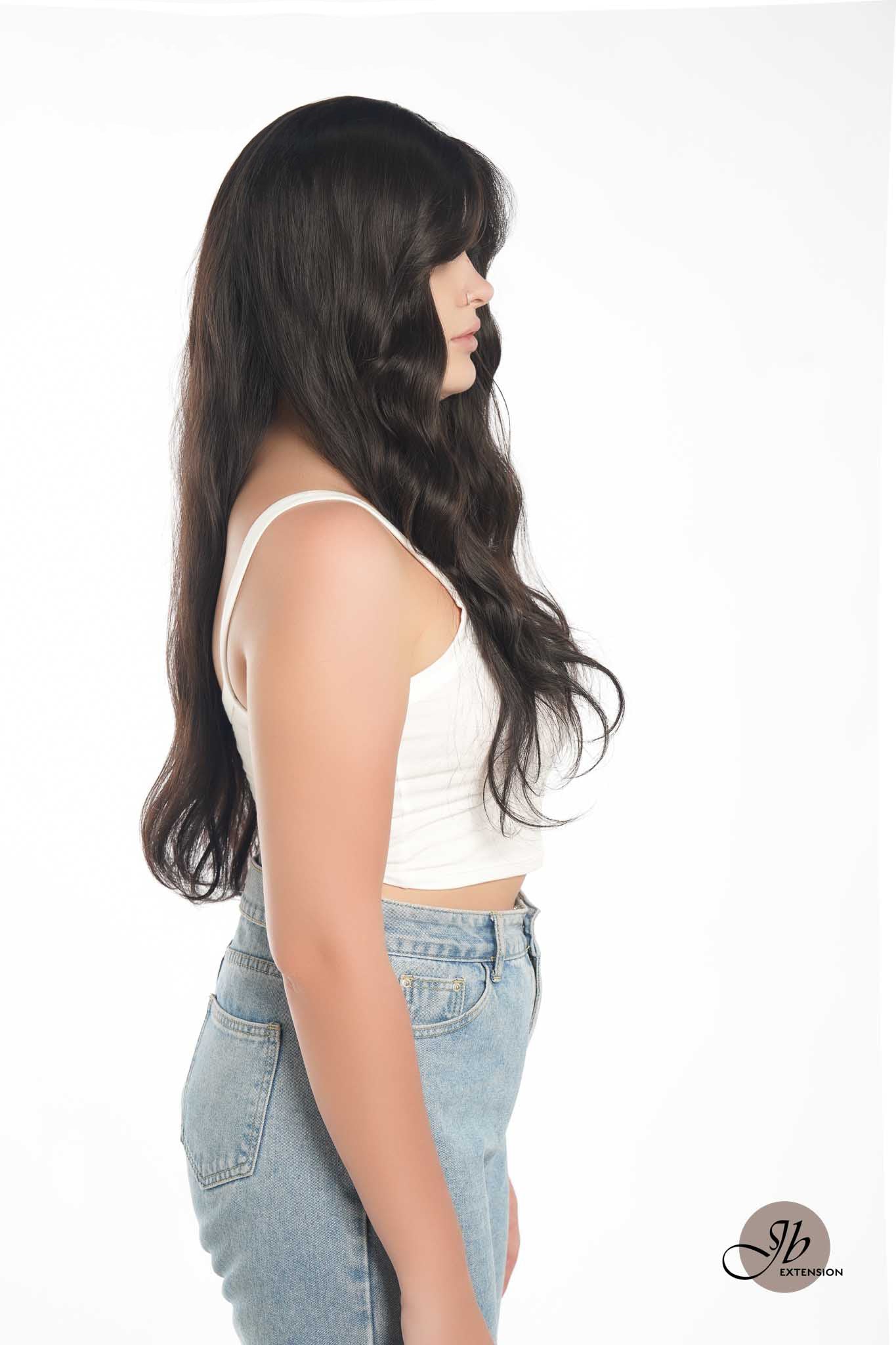 JBEXTENSION 24 Inches Tea Black Darkest Brown Body Wave Wig With Cute Bangs NINI TEA BLACK