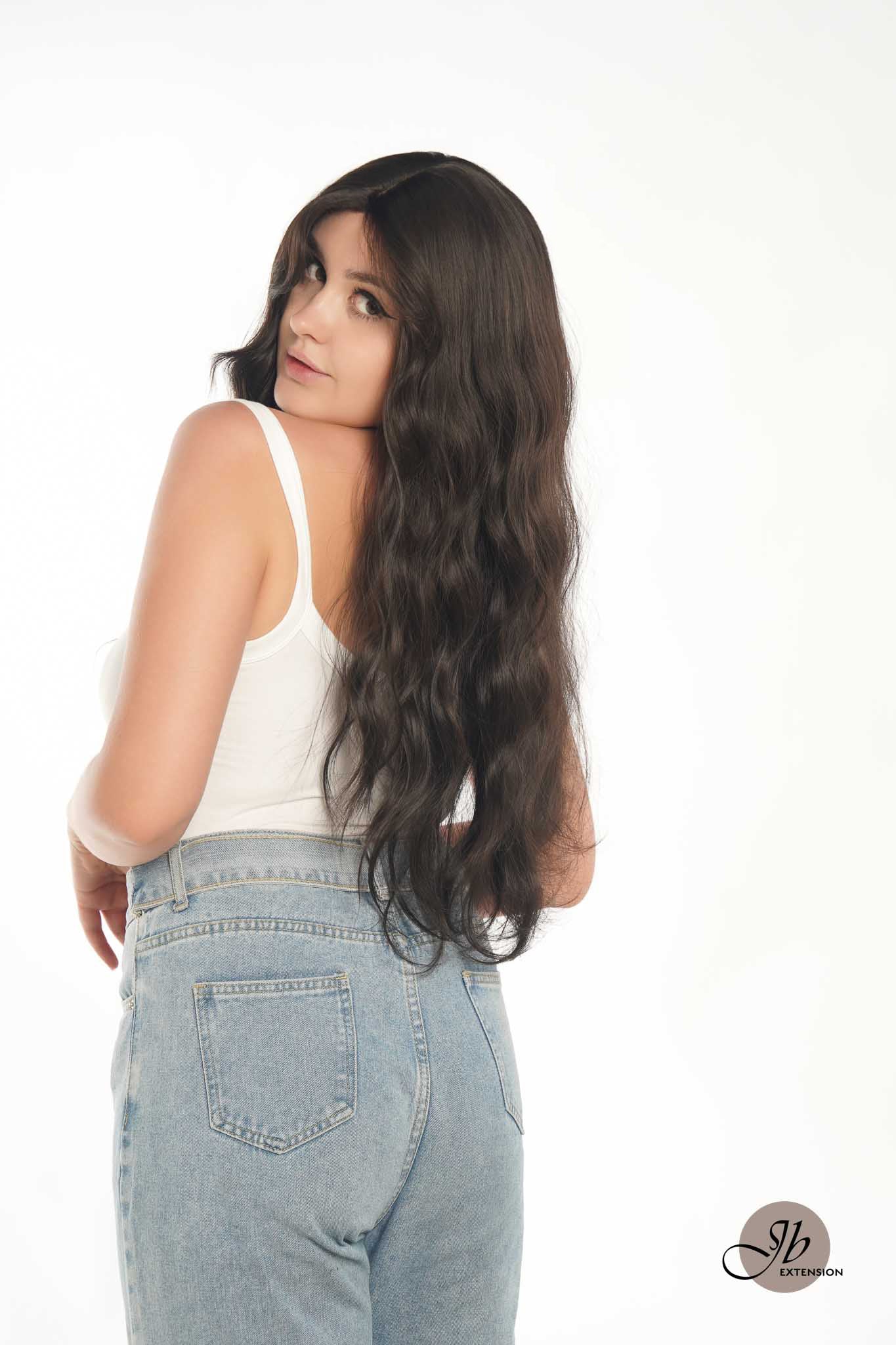 JBEXTENSION 24 Inches Tea Black Darkest Brown Body Wave Wig With Cute Bangs NINI TEA BLACK