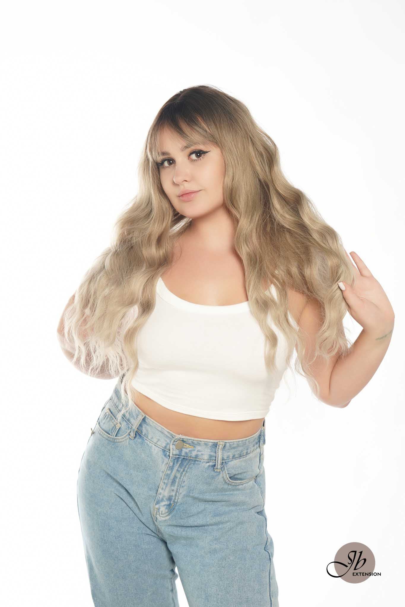 JBEXTENSION 28 Inches Long Body Wave Mix Grey Blonde Wig With Bangs ROSANNA