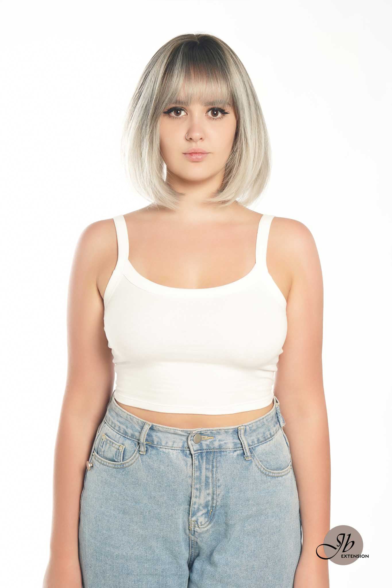 JBEXTENSION 12 Inches Bob Cut Grey Wig With Bangs YUMIKO