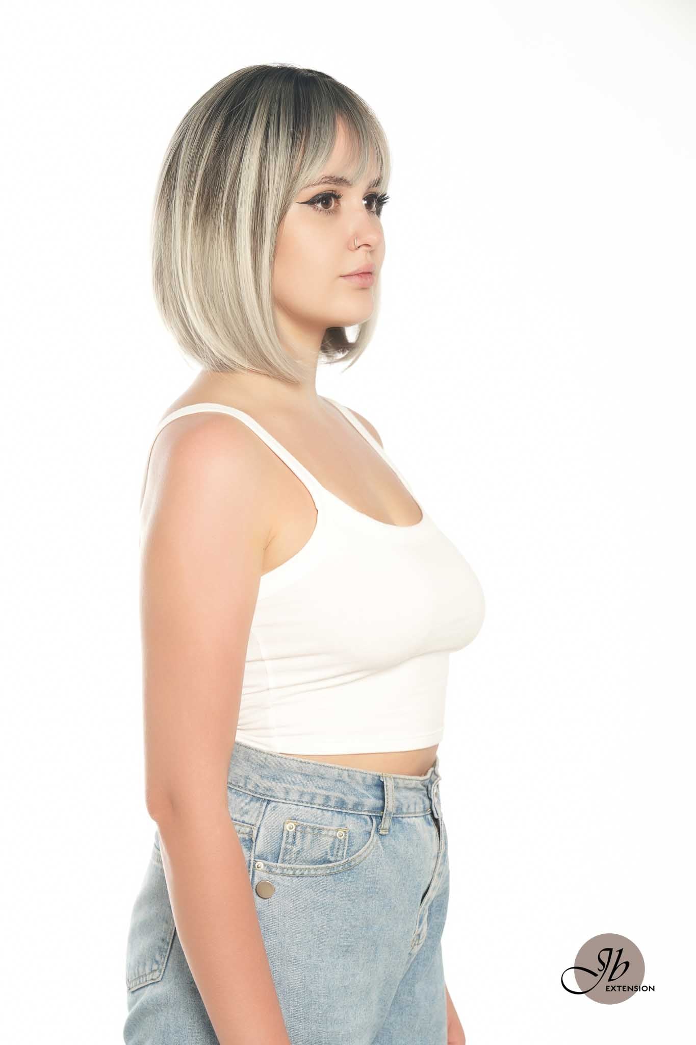 JBEXTENSION 12 Inches Bob Cut Grey Wig With Bangs YUMIKO