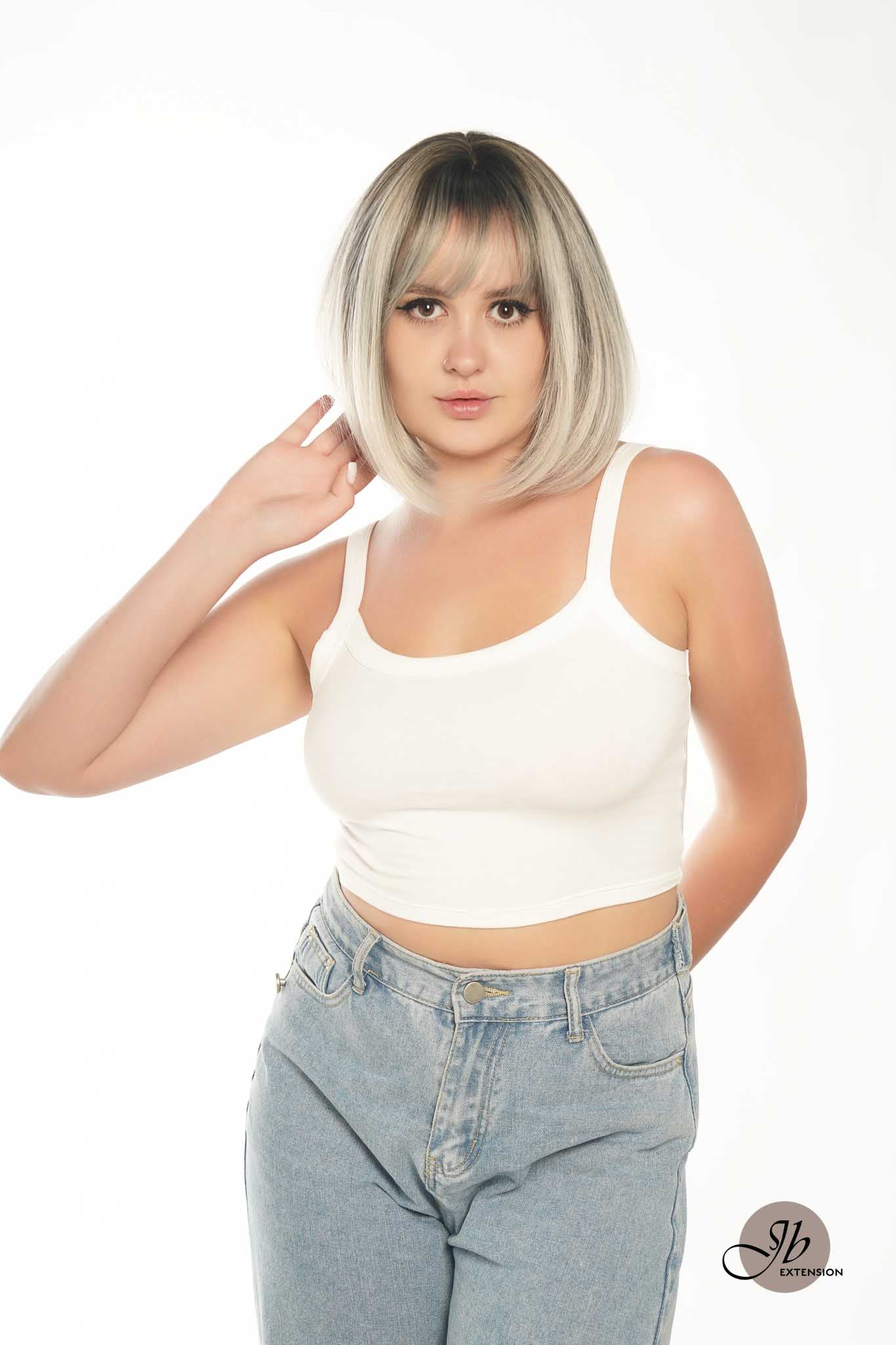 JBEXTENSION 12 Inches Bob Cut Grey Wig With Bangs YUMIKO