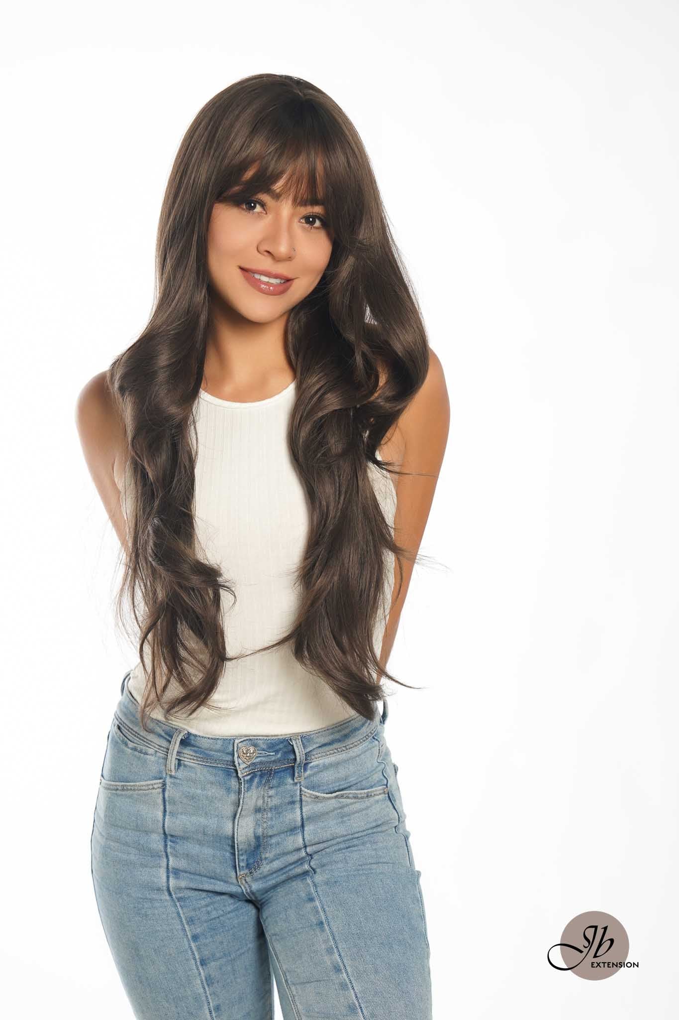 JBEXTENSION 30 Inches Long Cold Brown Wig With Bangs YUMI BROWN