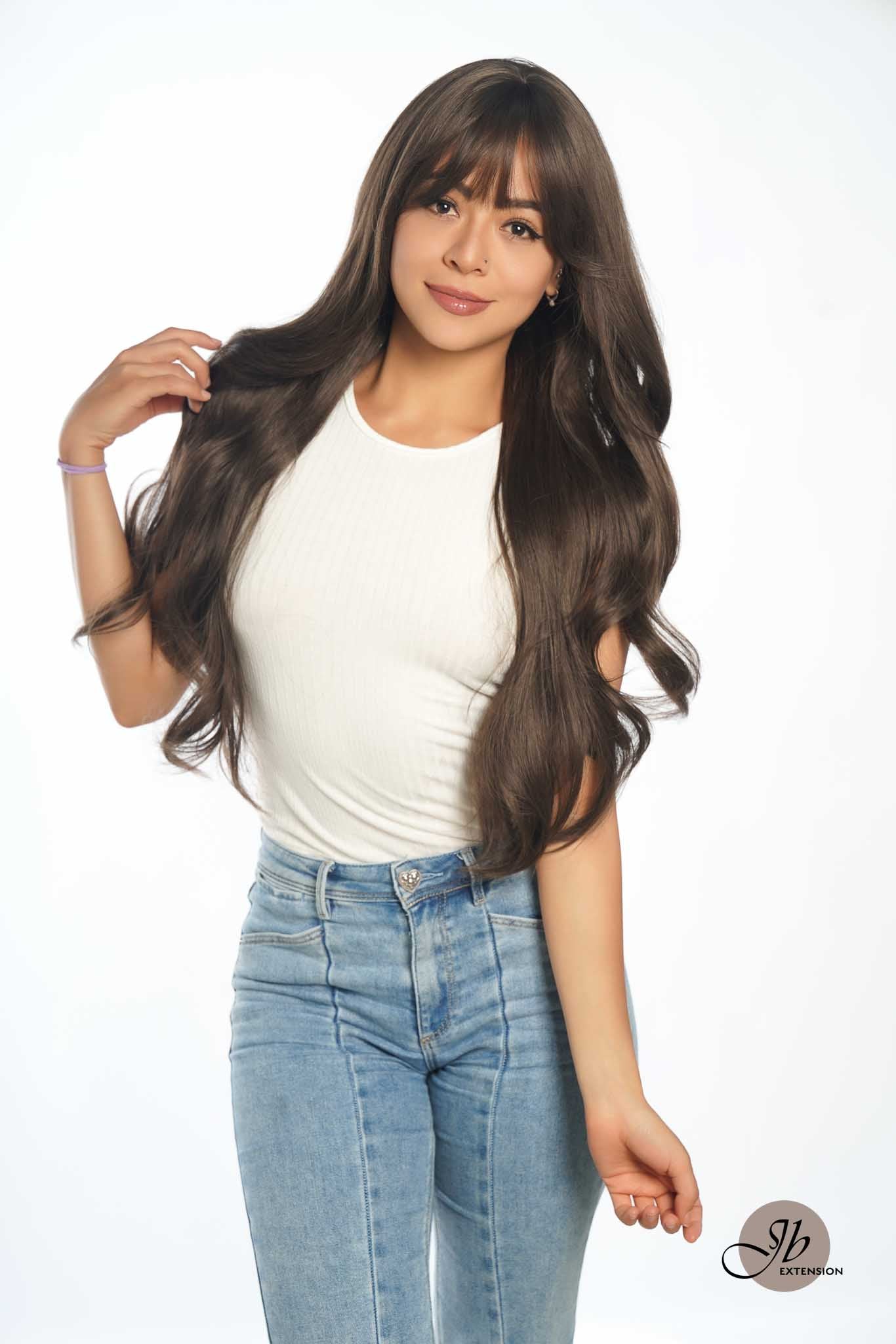 JBEXTENSION 30 Inches Long Cold Brown Wig With Bangs YUMI BROWN
