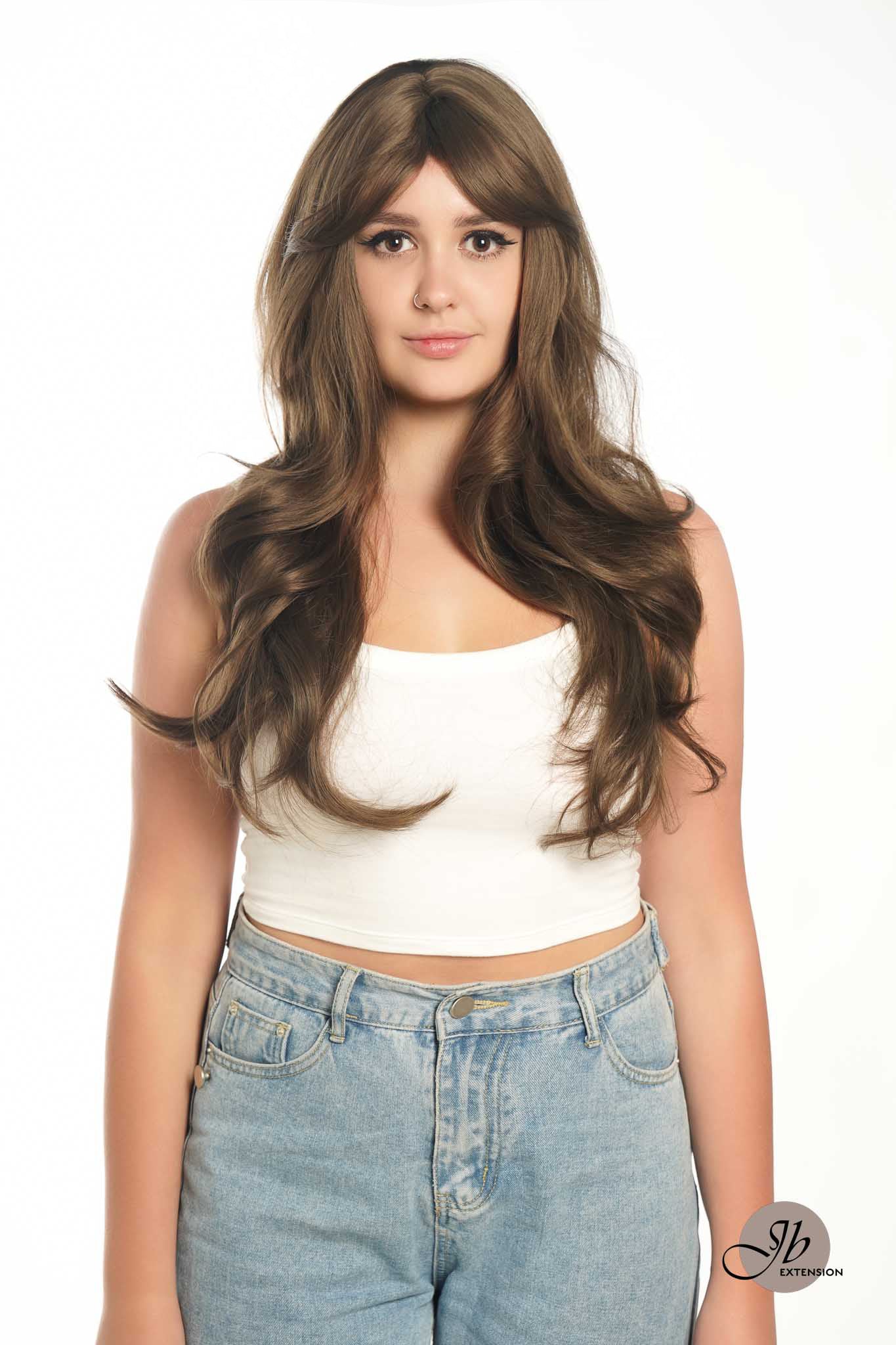 JBEXTENSION 25 Inches Brown Curly Wig With Full Bangs KRISTINA BROWN