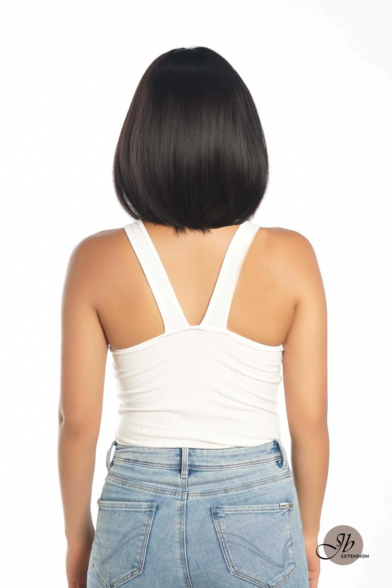 JBEXTENSION 12 Inches Bob Cut Soft Black Short Hair With Bangs Zig Zag Part Wig DORA BROWN