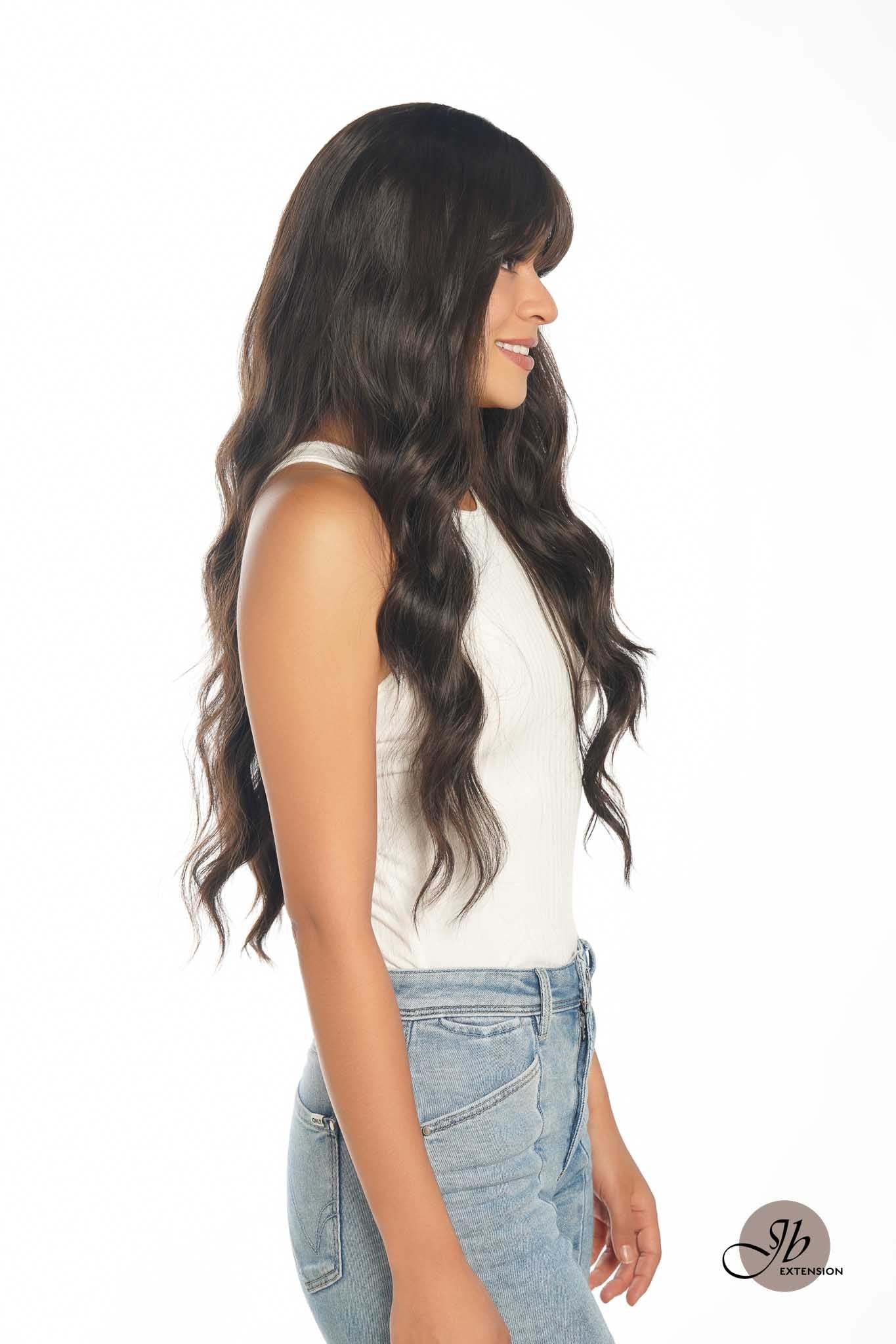 JBEXTENSION 28 Inches Long Body Wave Dark Brown Wig With Bangs GEM