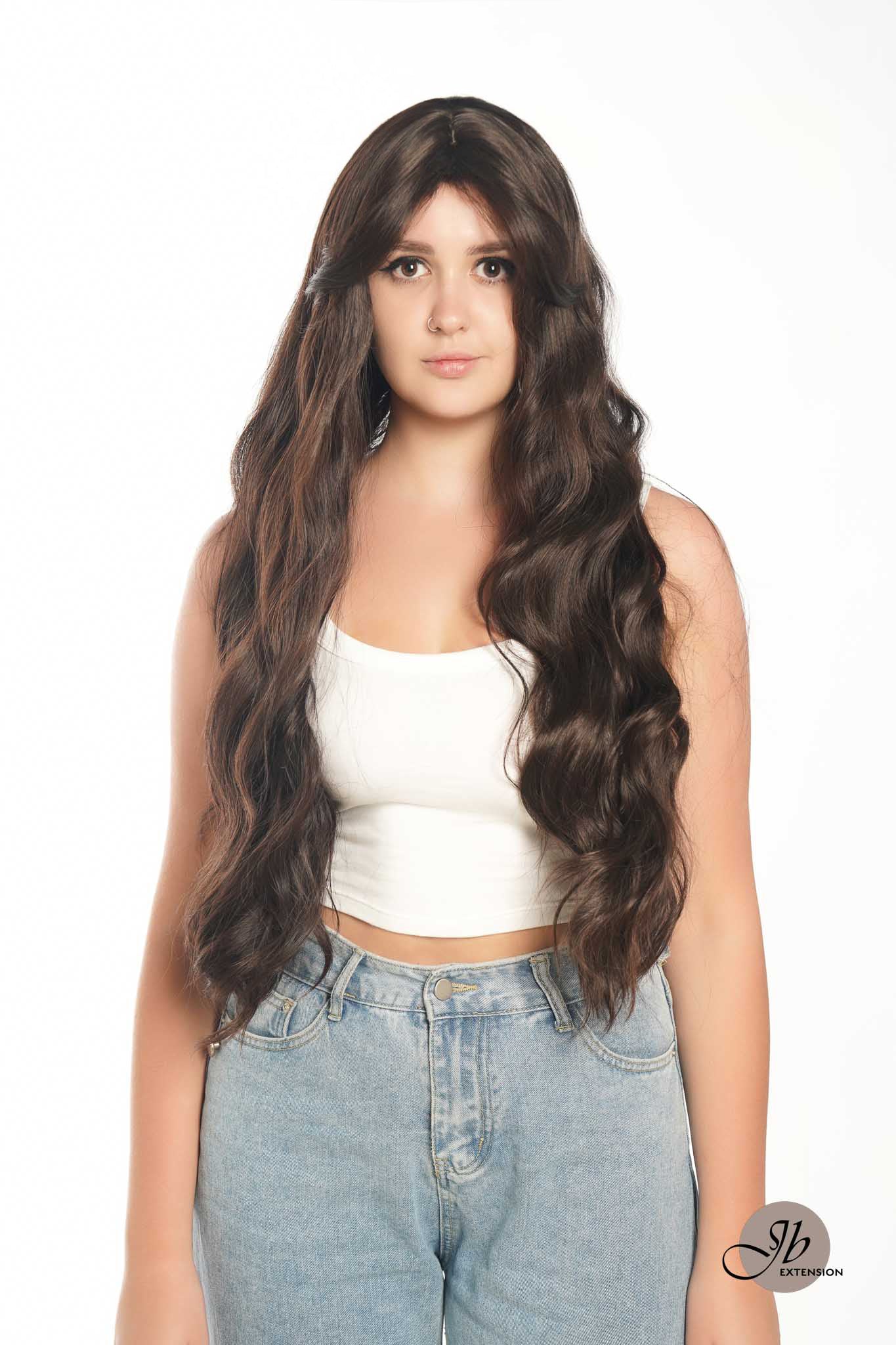 JBEXTENSION 32 Inches Extra Long Body Wave Nature Brown Wig With Bangs JOLIN