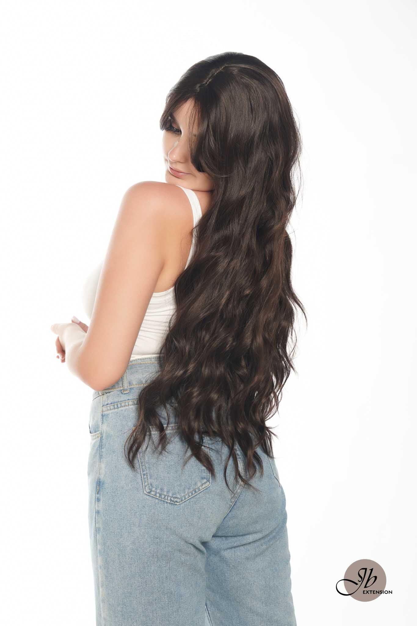 JBEXTENSION 32 Inches Extra Long Body Wave Nature Brown Wig With Bangs JOLIN