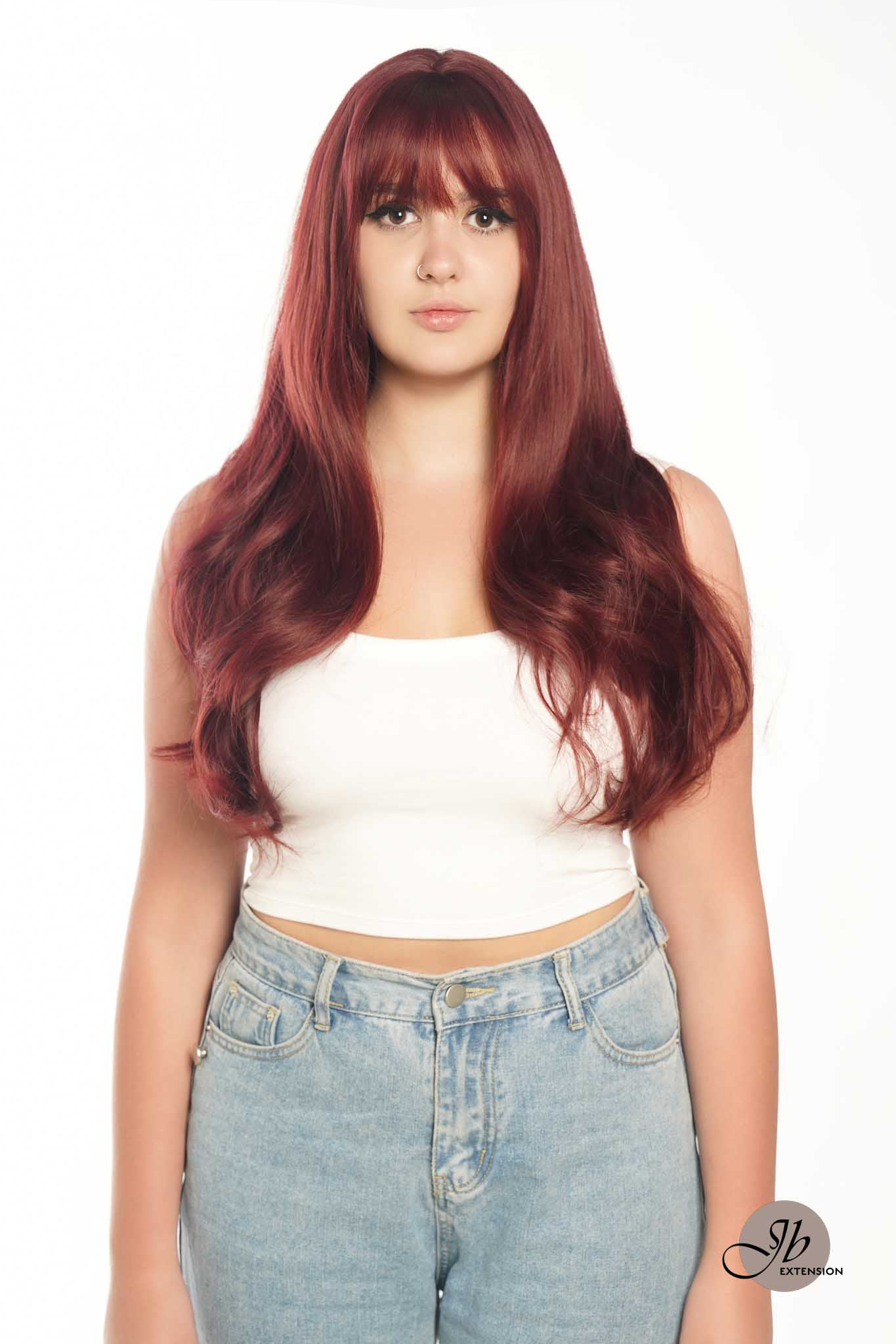 JBEXTENSION 25 Inches Red Curly Fashion Wig With Full Bangs ALYSSA