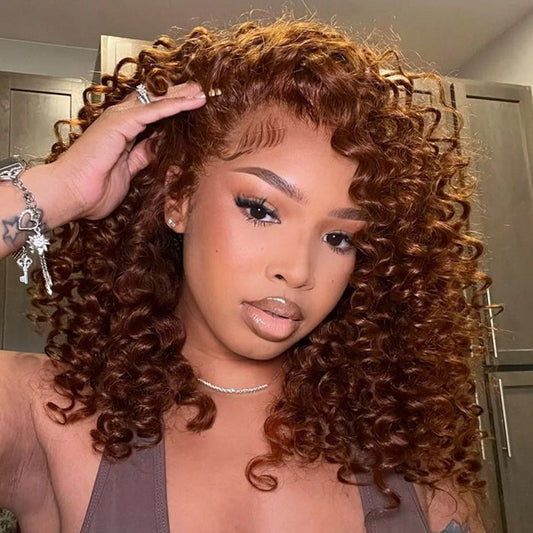 Caramel Brown Colored Ready To Wear Glueless Wigs Bouncy Curl 13x6 Lace Front Human Hair Wig Pre Plucked