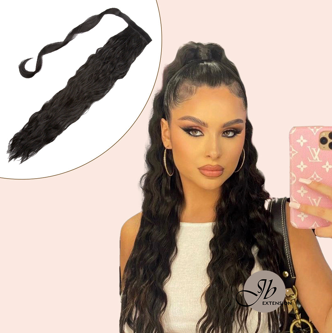 JBEXTENSION Long Corn Wave Ponytail Extension Magic Paste Heat Resistant Wavy Synthetic Wrap Around Ponytail Black Hairpiece for Women (22 Inch)