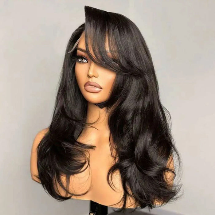 Butterfly Haircut Bangs Wig 13x6 Lace Front Layered Cut Wavy Human Hair Wig