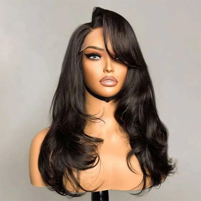 Butterfly Haircut Bangs Wig 13x6 Lace Front Layered Cut Wavy Human Hair Wig
