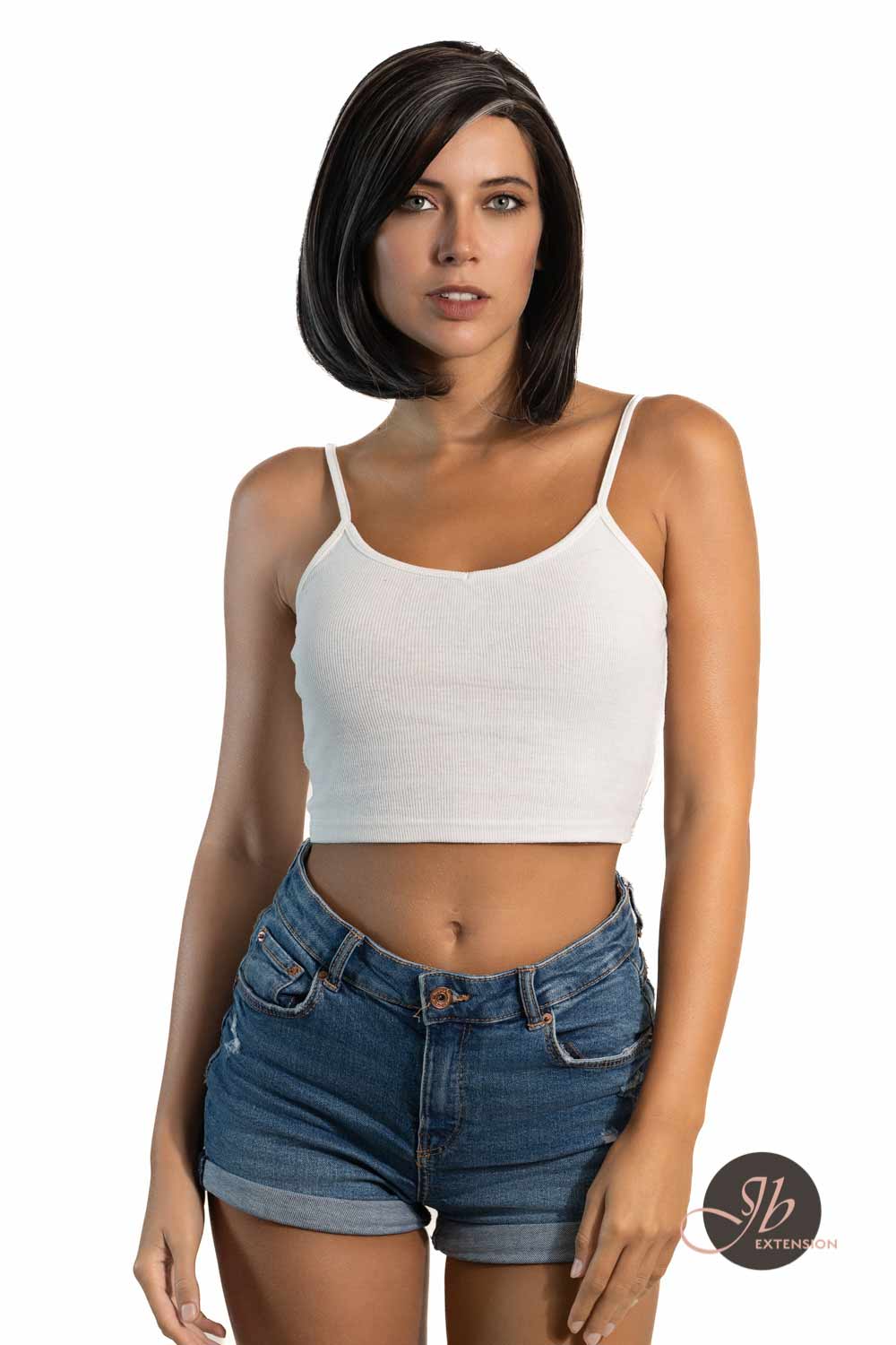 JBEXTENSION 12 Inches Bob Cut Nature Black With Grey Highlight Side Part Frontlace Glueless Wig CATHY GREY HIGHLIGHT
