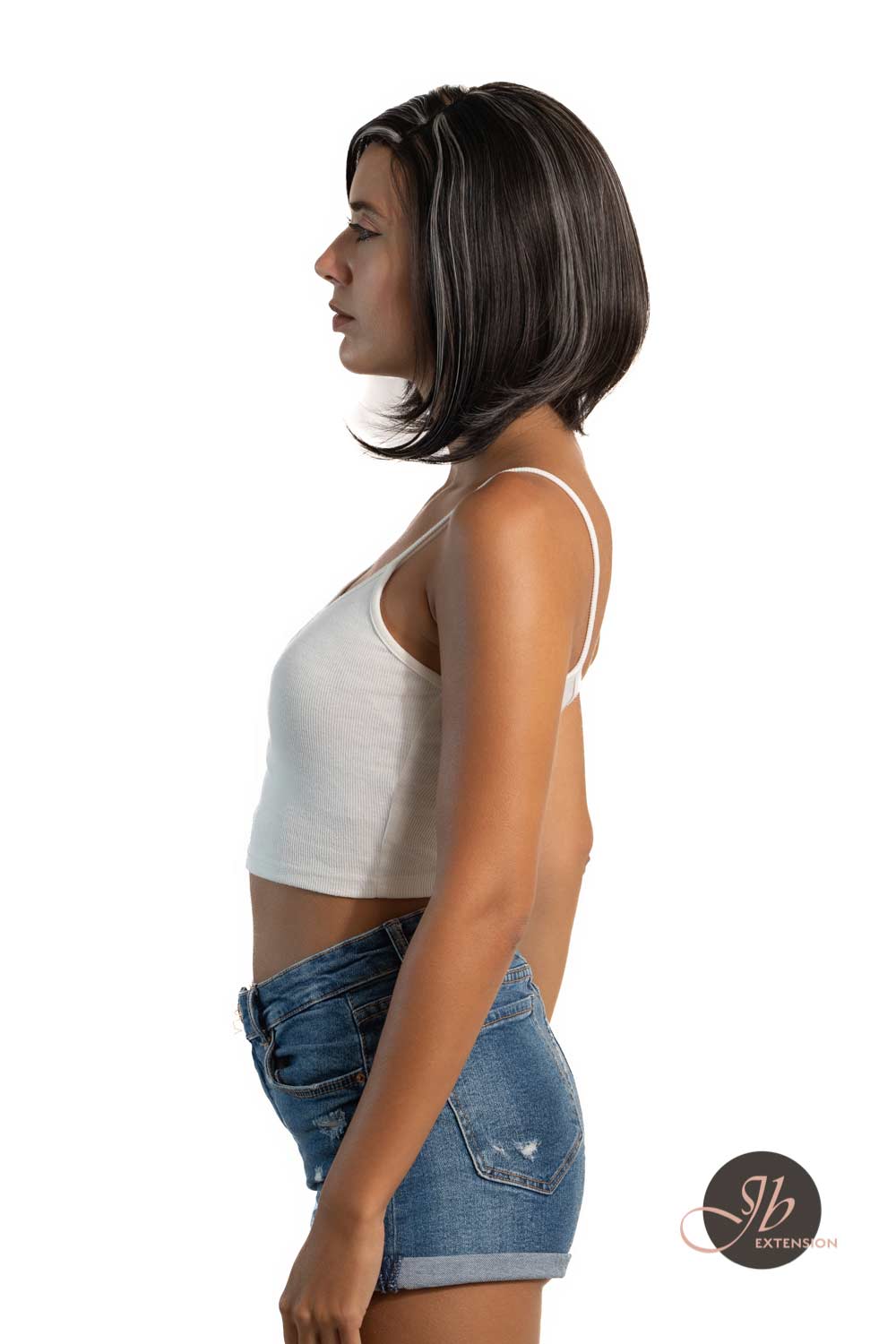 JBEXTENSION 12 Inches Bob Cut Nature Black With Grey Highlight Side Part Frontlace Glueless Wig CATHY GREY HIGHLIGHT