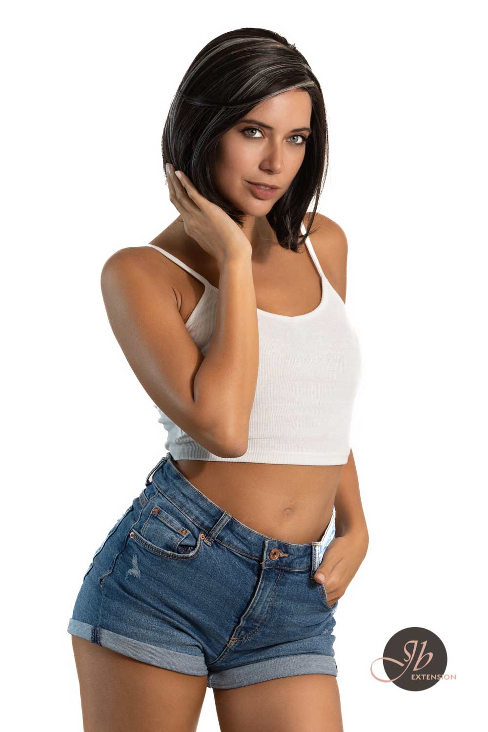 JBEXTENSION 12 Inches Bob Cut Nature Black With Grey Highlight Side Part Frontlace Glueless Wig CATHY GREY HIGHLIGHT