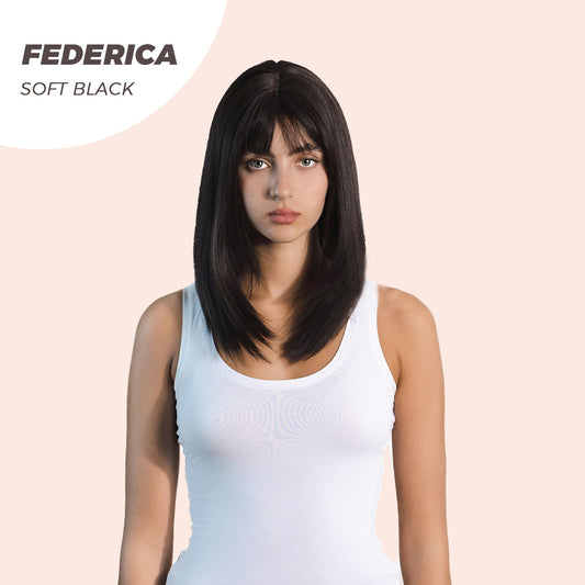 JBEXTENSION 16 Inches Short Bob Cut Soft Black Wig With Bangs FEDERICA SOFT BLACK