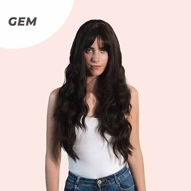 JBEXTENSION 28 Inches Long Body Wave Dark Brown Wig With Bangs GEM