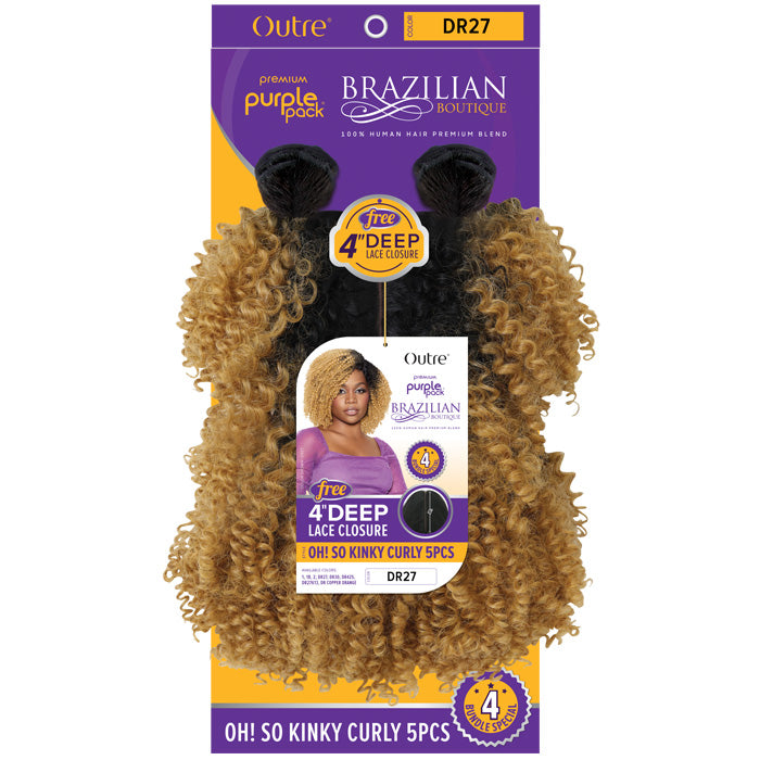 Outre Purple Pack Brazilian Boutique 100% Human Hair Blend Weave - OH SO KINKY CURLY 5 PCS + Free 4" Deep Lace Closure