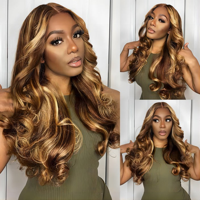 C-Shape Ear Design Body Wave 4/27 Highlight Color Glueless 8x5 HD Lace Wigs With Pre-Plucked Hairline