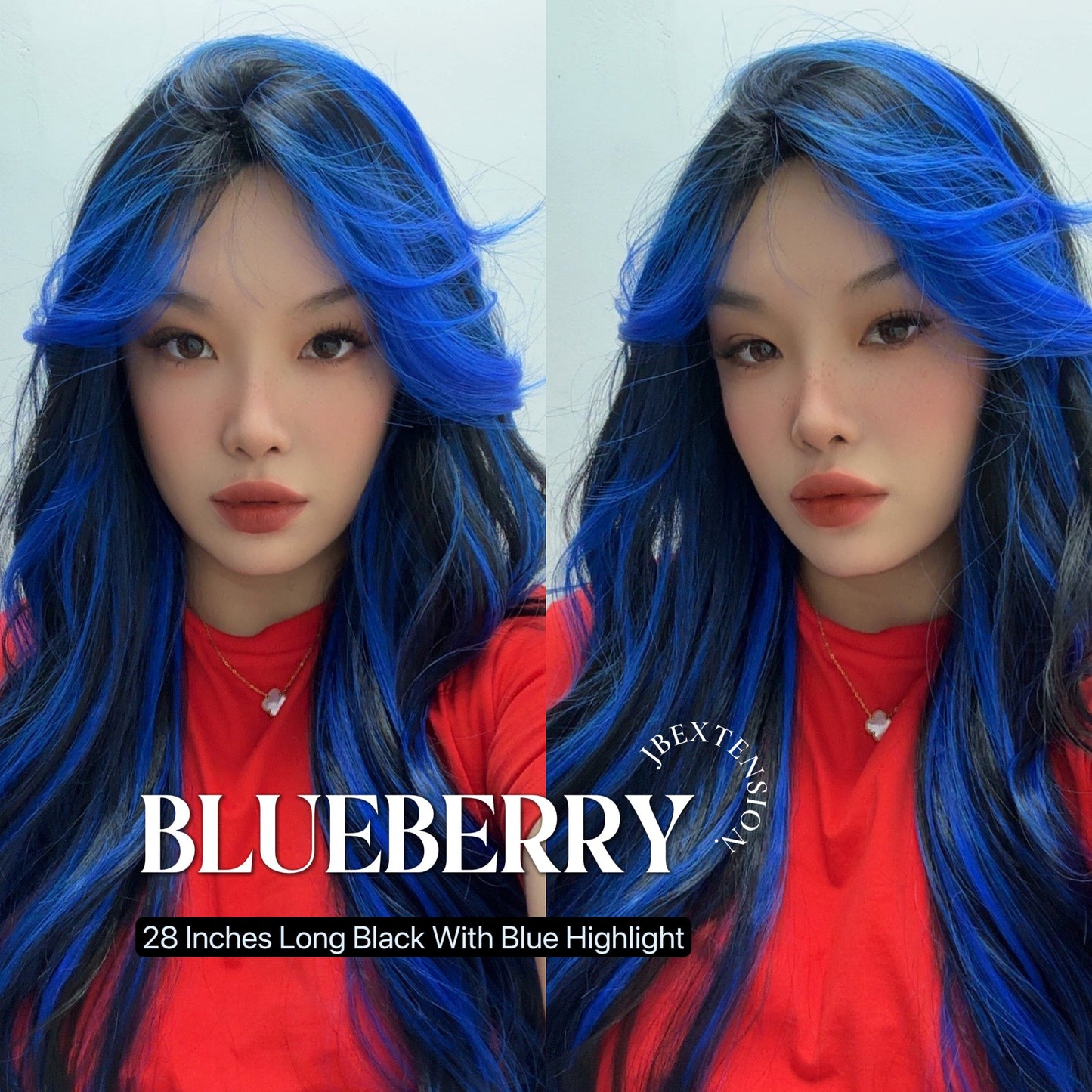 HOT OF SEASON - 28 Inches Long Black With Blue Highlight Wave Wig With Bangs BLUEBERRY