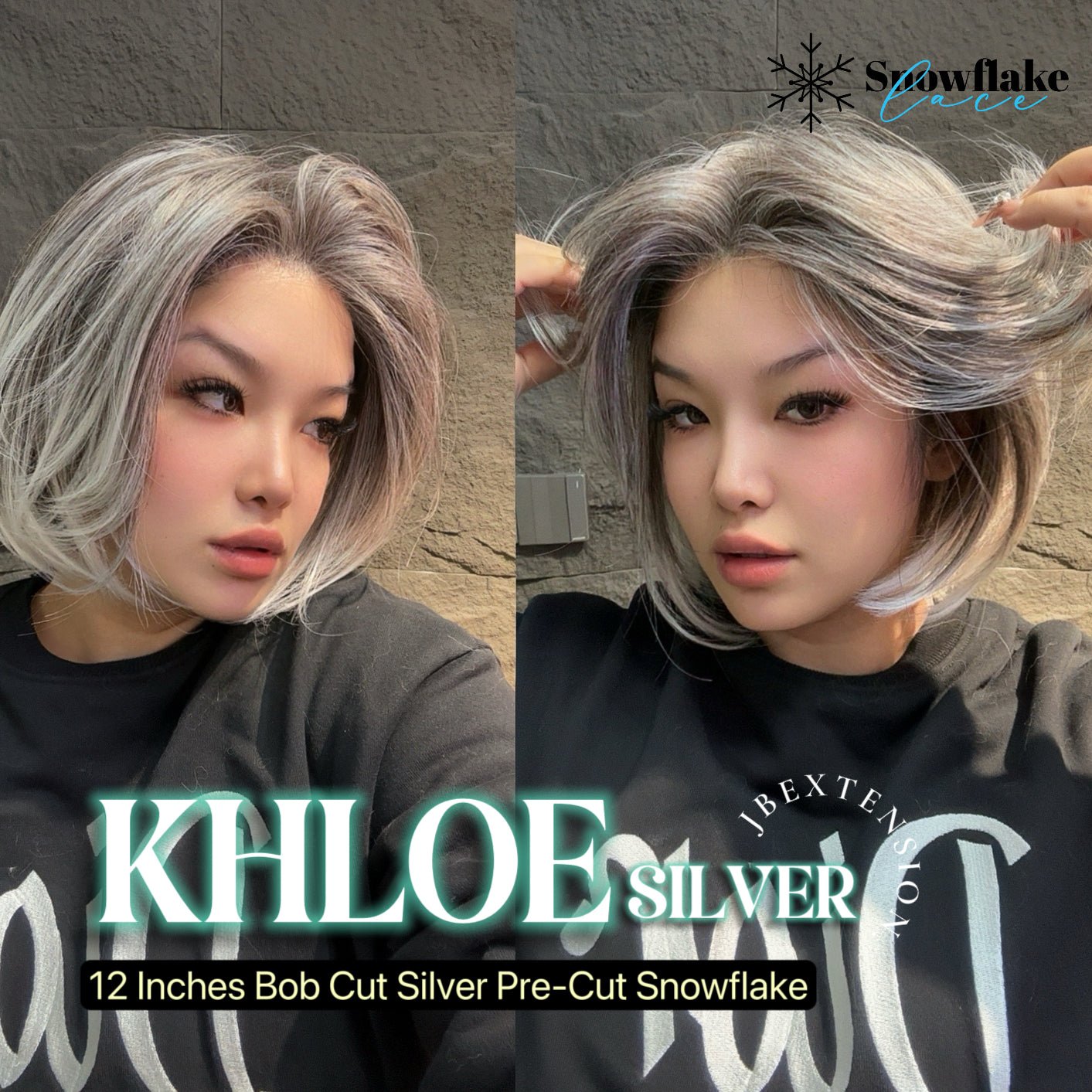 JBEXTENSION 12 Inches Bob Cut Silver Pre-Cut Snowflake Lace Frontlace Glueless Wig KHLOE SILVER【PERMATEASE】【BENDY EAR TABS】- M/L