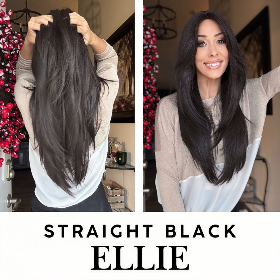 Nichole's Selection - 26 Inches Scalpiana Tea Black Darkest Brown Wolf Cut 3.5X4 Hard Silky Top Natural Scalp Effect Wig With Bangs ELLIE SILK TOP