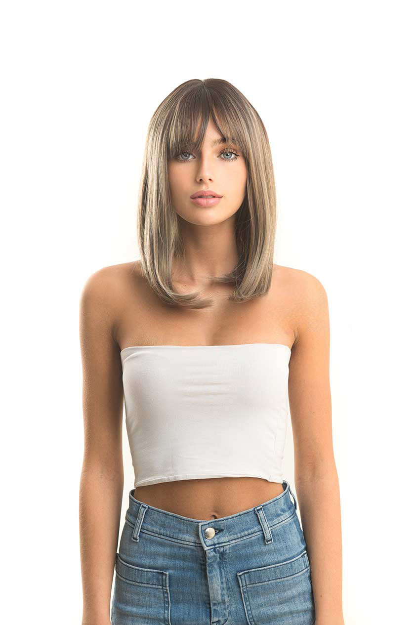 JBEXTENSION 16 Inches Short Bob Ombre Brown Ash Blonde Wig With Bangs VALENTINA