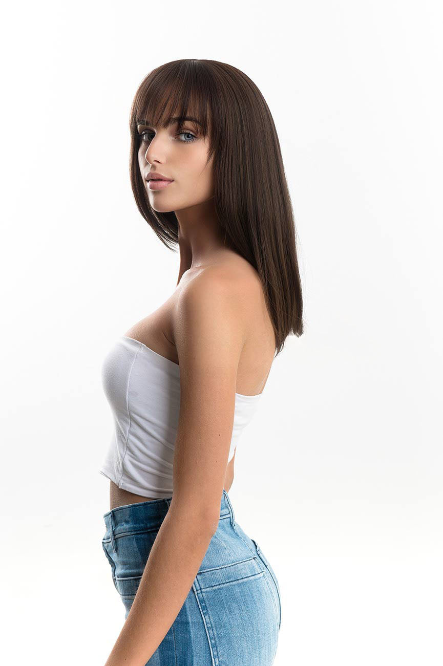 JBEXTENSION 16 Inches Short Bob Cut Cold Brown Wig With Bangs FEDERICA