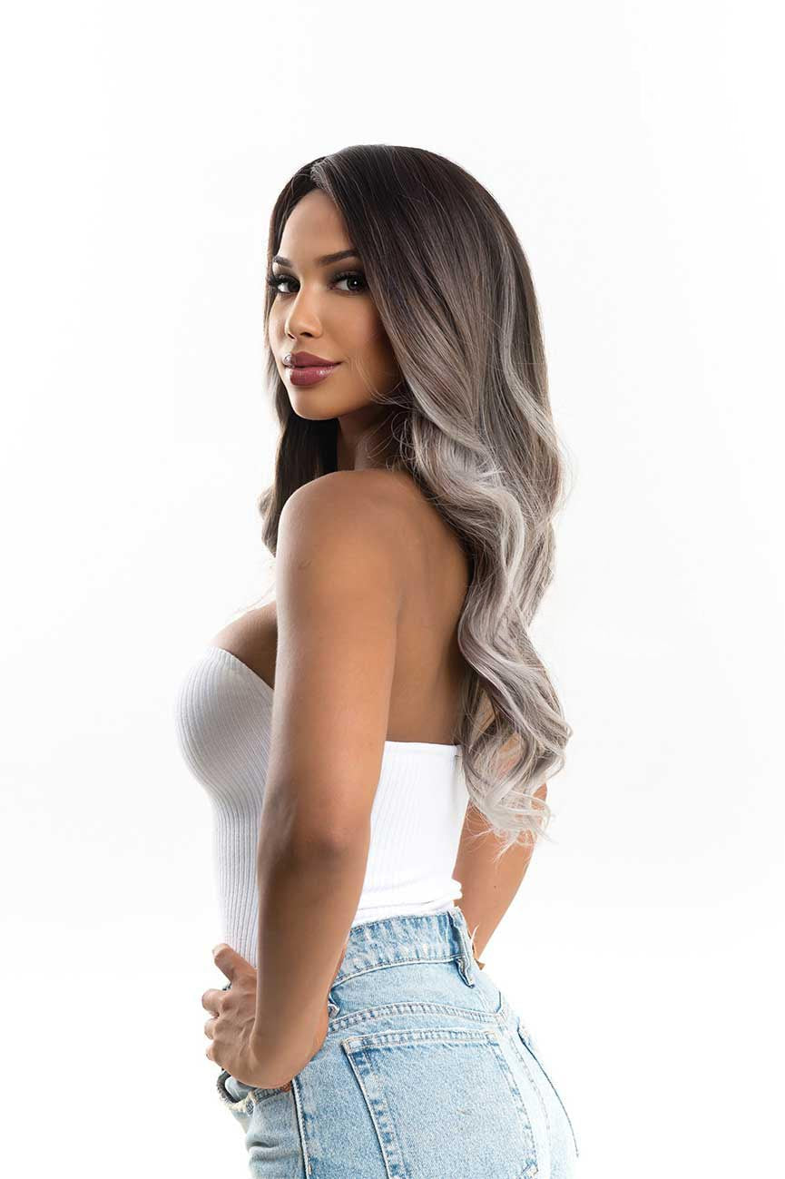 JBEXTENSION 25 Inches Long Curly Dark Brown With Grey Meches Hair Wig LOLA