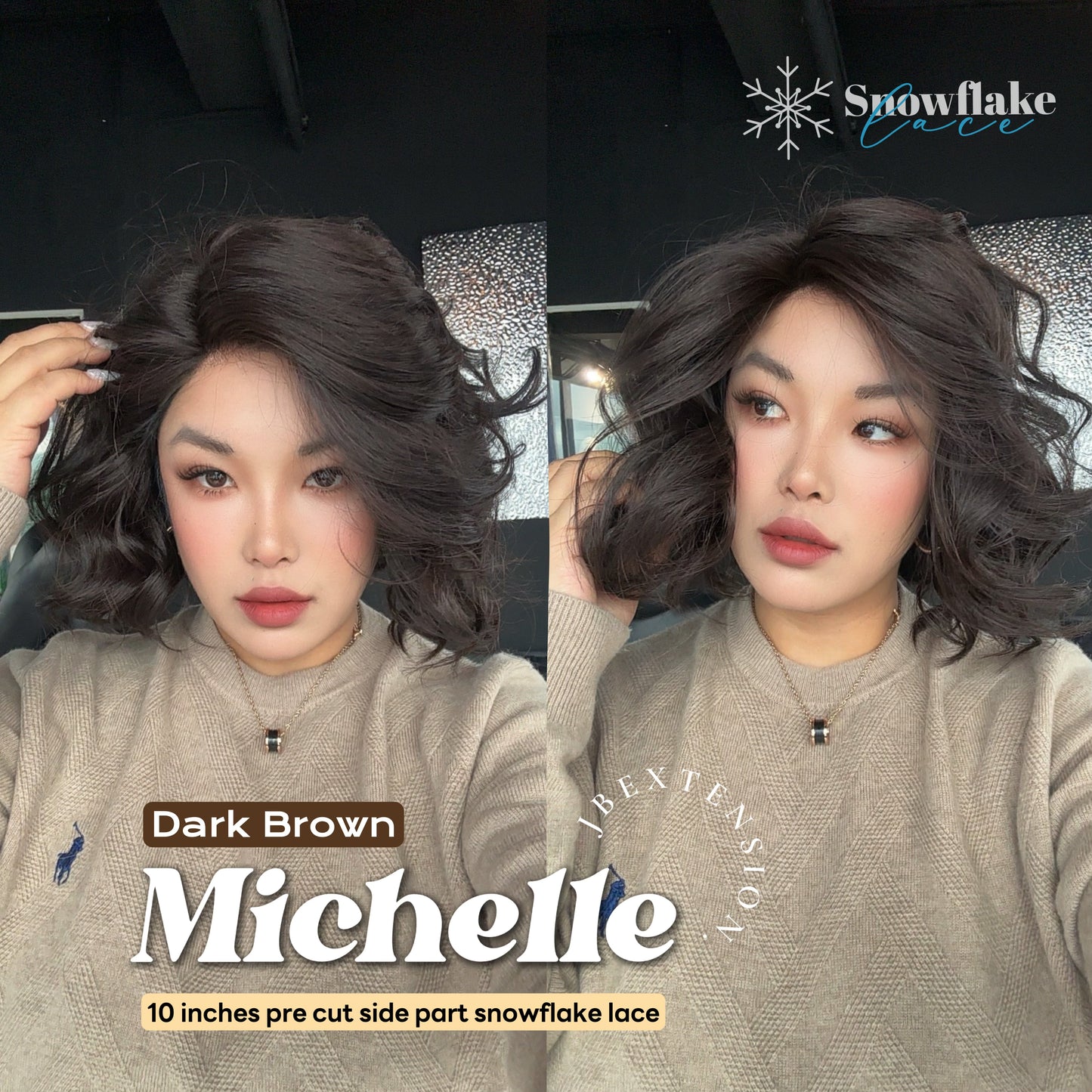 JBEXTENSION 10 Inches Dark Brown Pre-Cut Side Part Snowflake Lace Frontlace Glueless Wig MICHELLE DARK BROWN【BENDY EAR TABS】